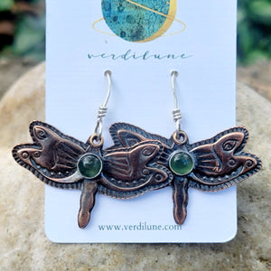 Copper Dragonfly Earrings with Green Serpentine