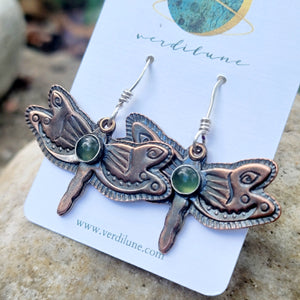 Copper Dragonfly Earrings with Green Serpentine