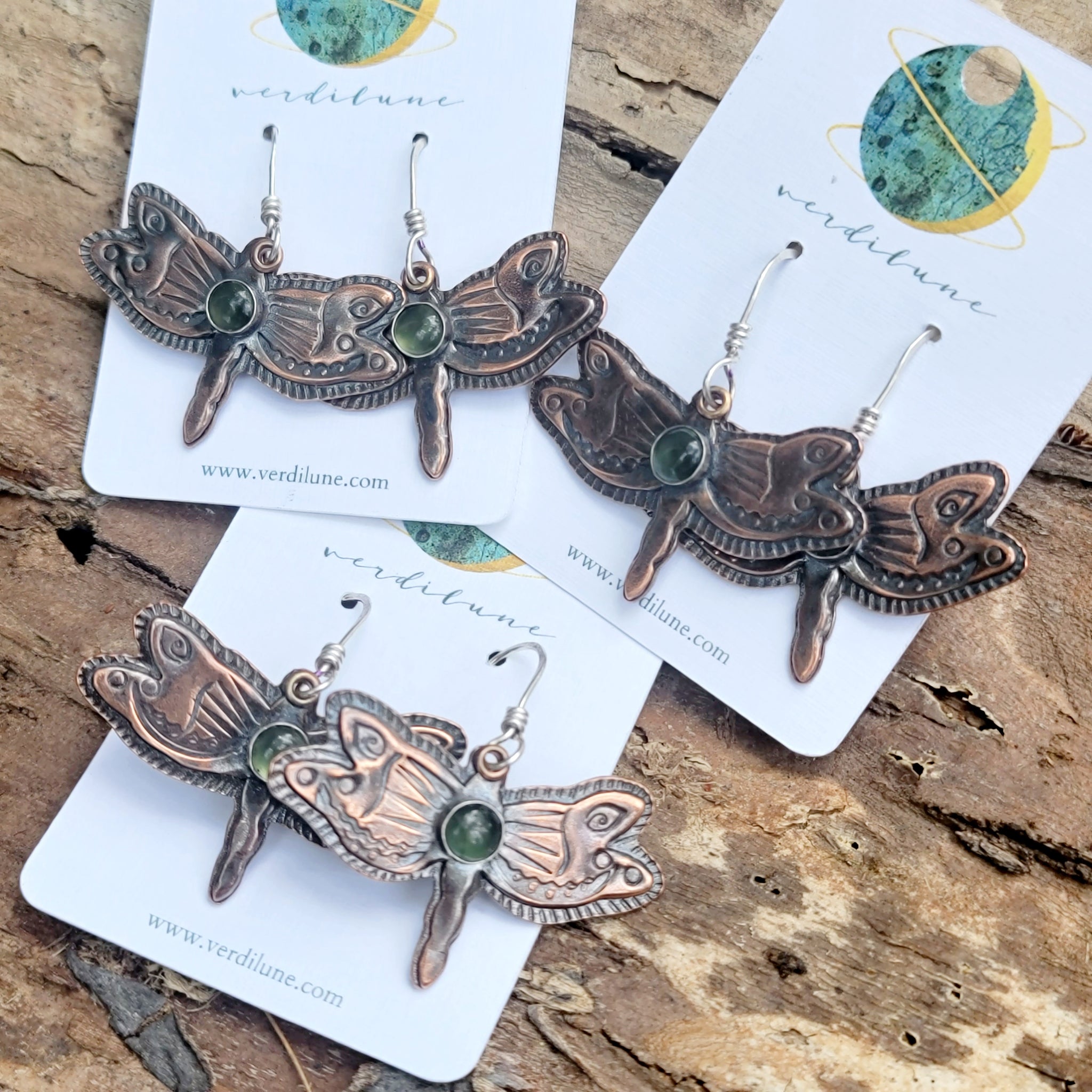 Copper Dragonfly Earrings with Green Serpentine