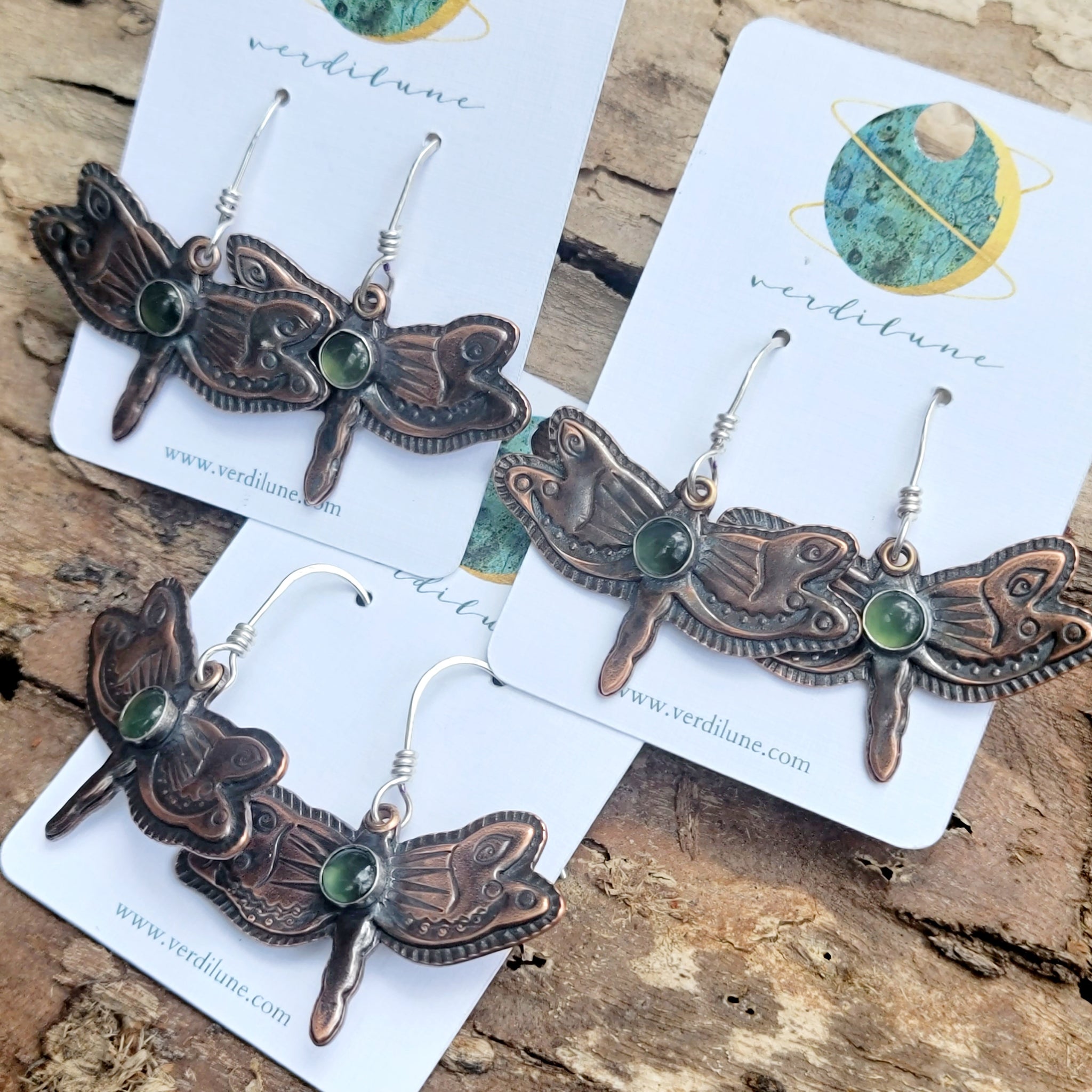 Copper Dragonfly Earrings with Green Serpentine