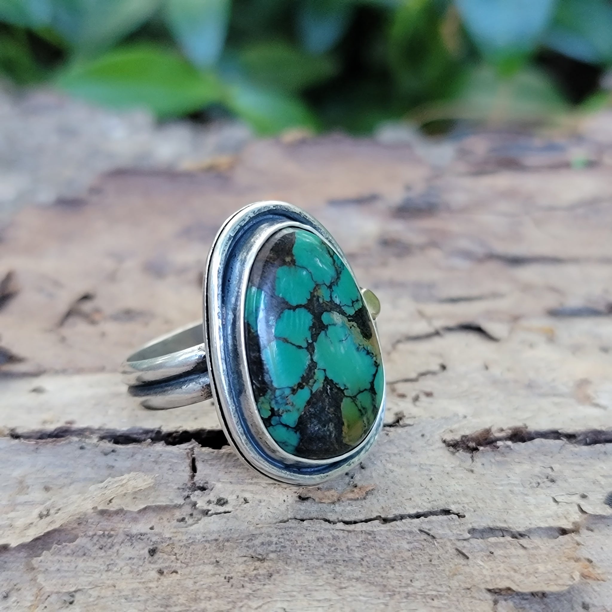 Hubei Turquoise Freeform Ring in Sterling Silver Size 11.5