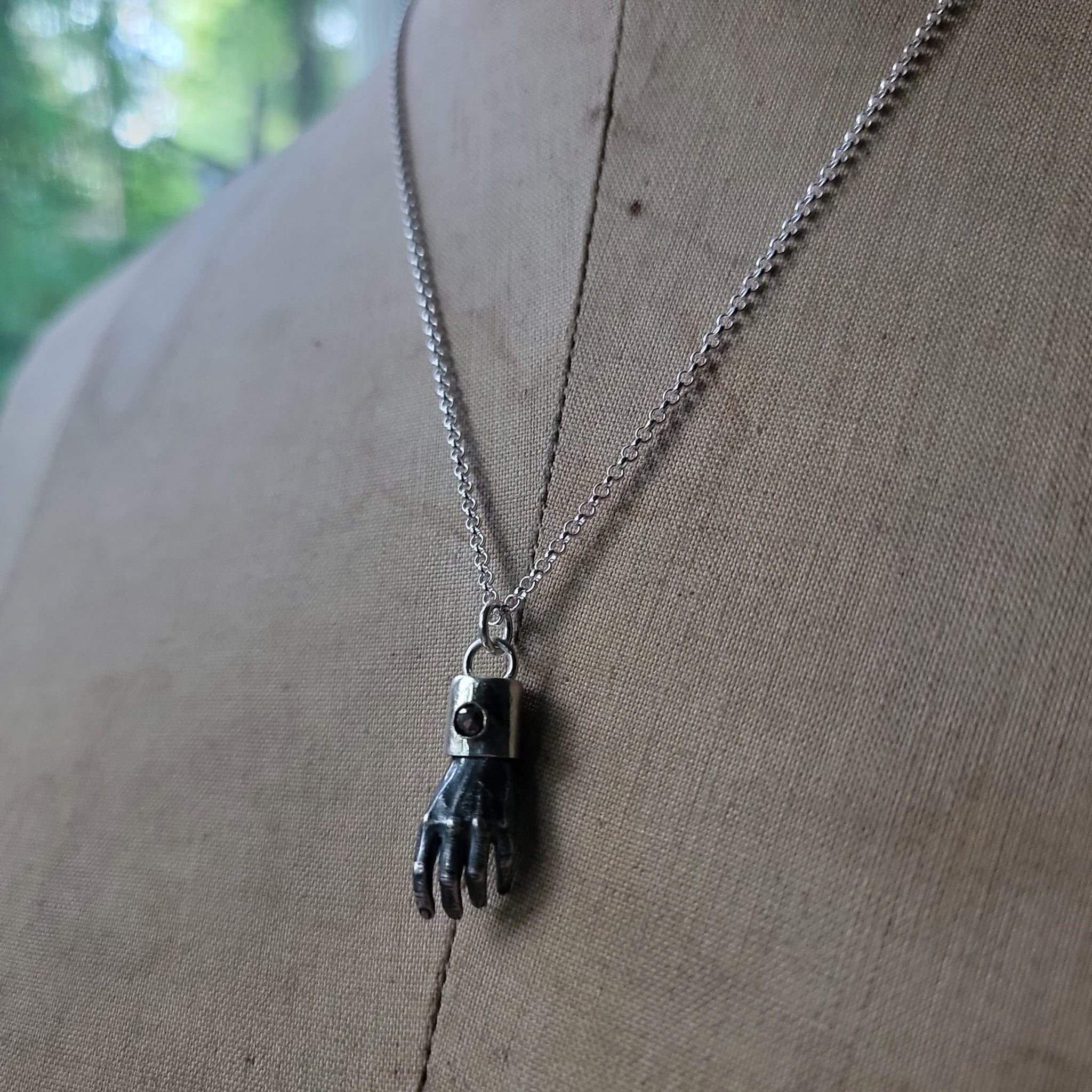 Man Hands Pendants in Solid Sterling Silver with Gemstone Caps