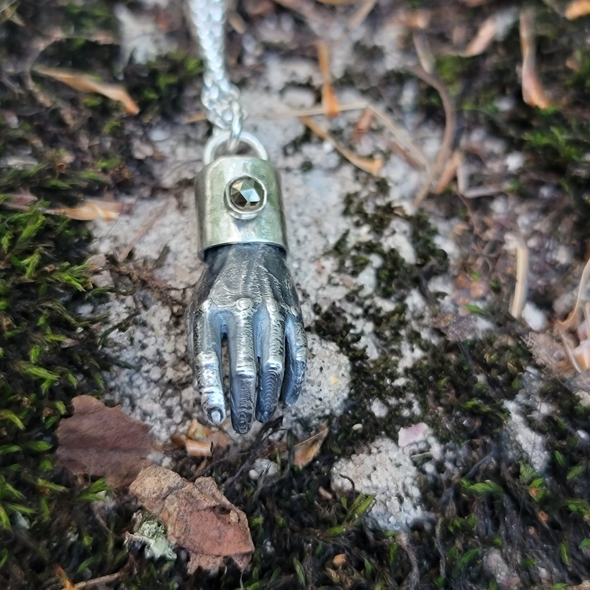 Man Hands Pendants in Solid Sterling Silver with Gemstone Caps