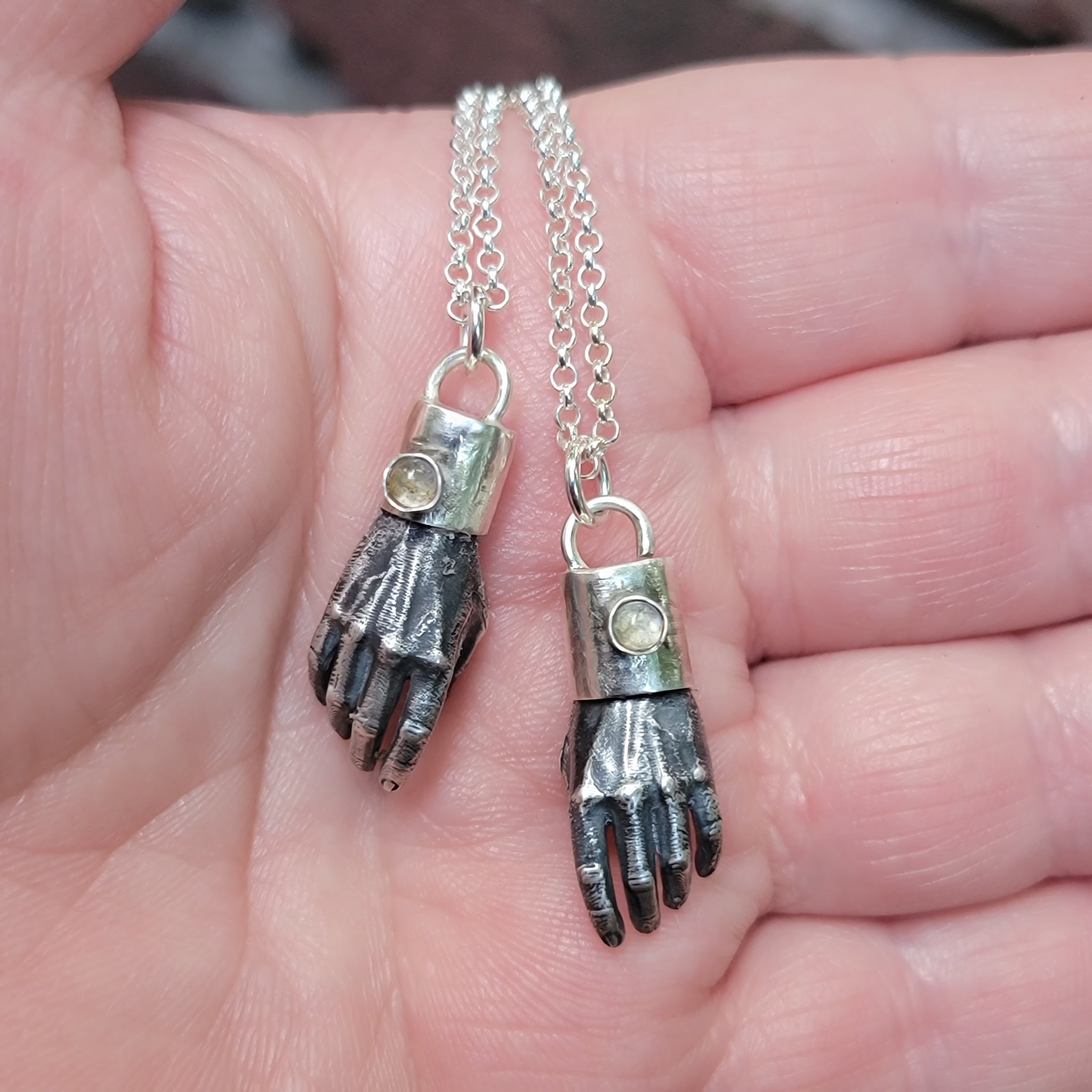 Man Hands Pendants in Solid Sterling Silver with Gemstone Caps