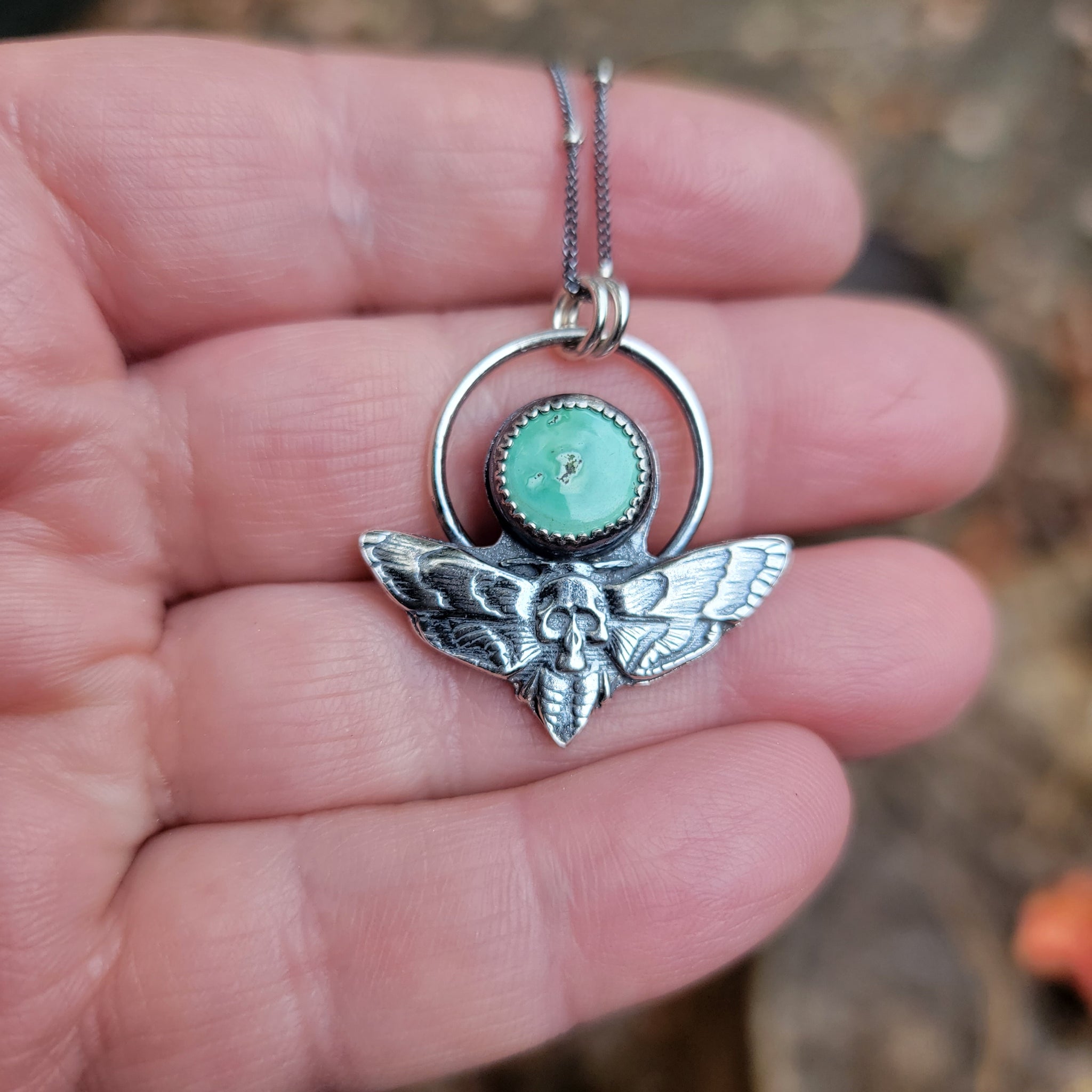 Death's Head Skull Hawk Moth & Turquoise Pendant in Sterling Silver