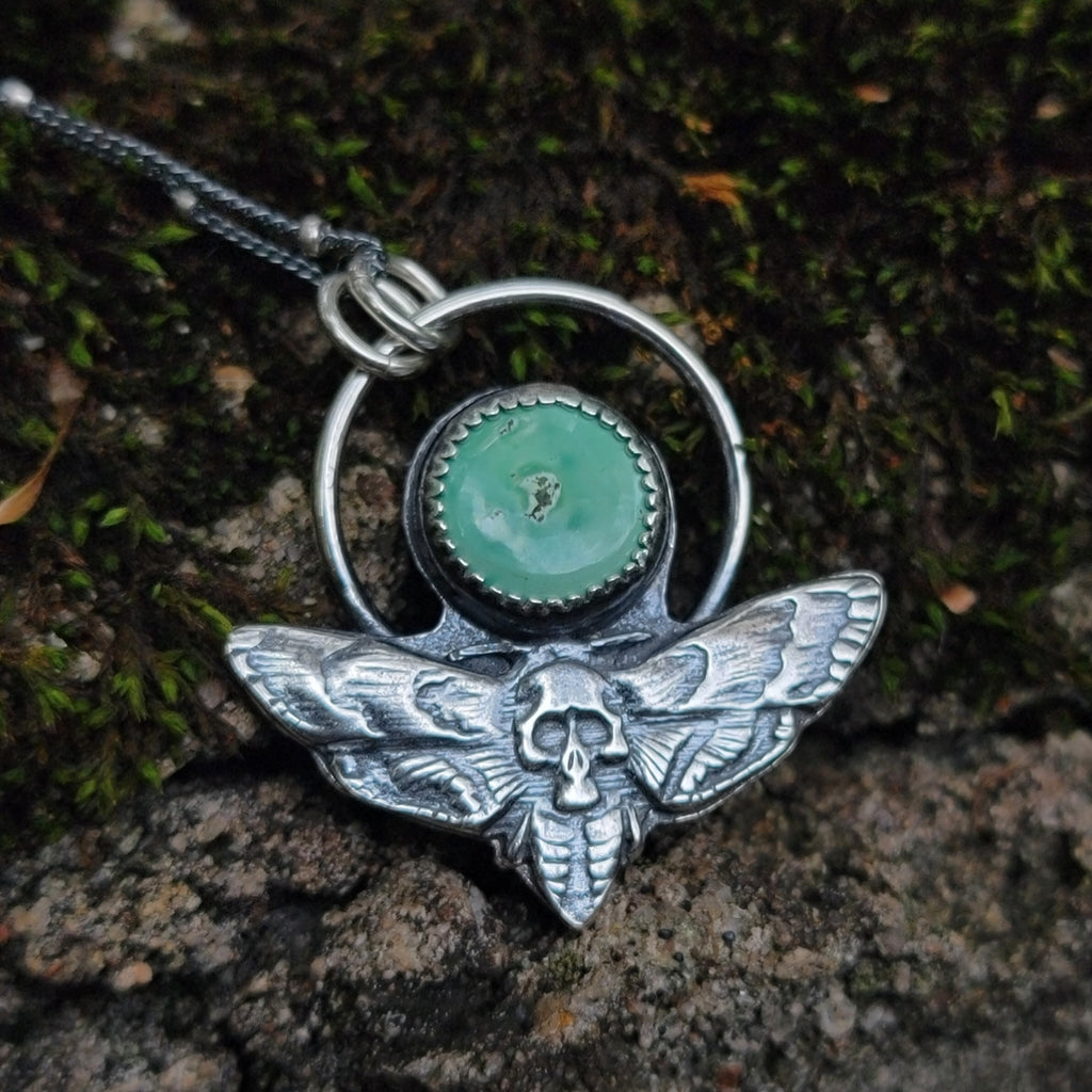 Death's Head Skull Hawk Moth & Turquoise Pendant in Sterling Silver