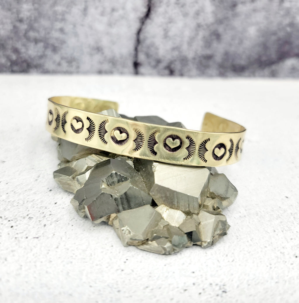 Hearts Handstamped Brass Cuff Bracelet