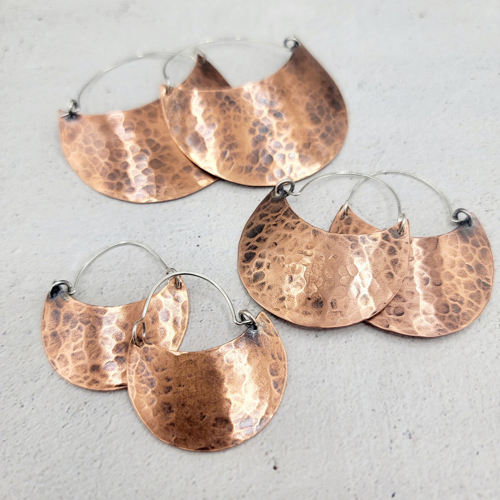 Hammered Copper Crescent Earrings in 4 Sizes