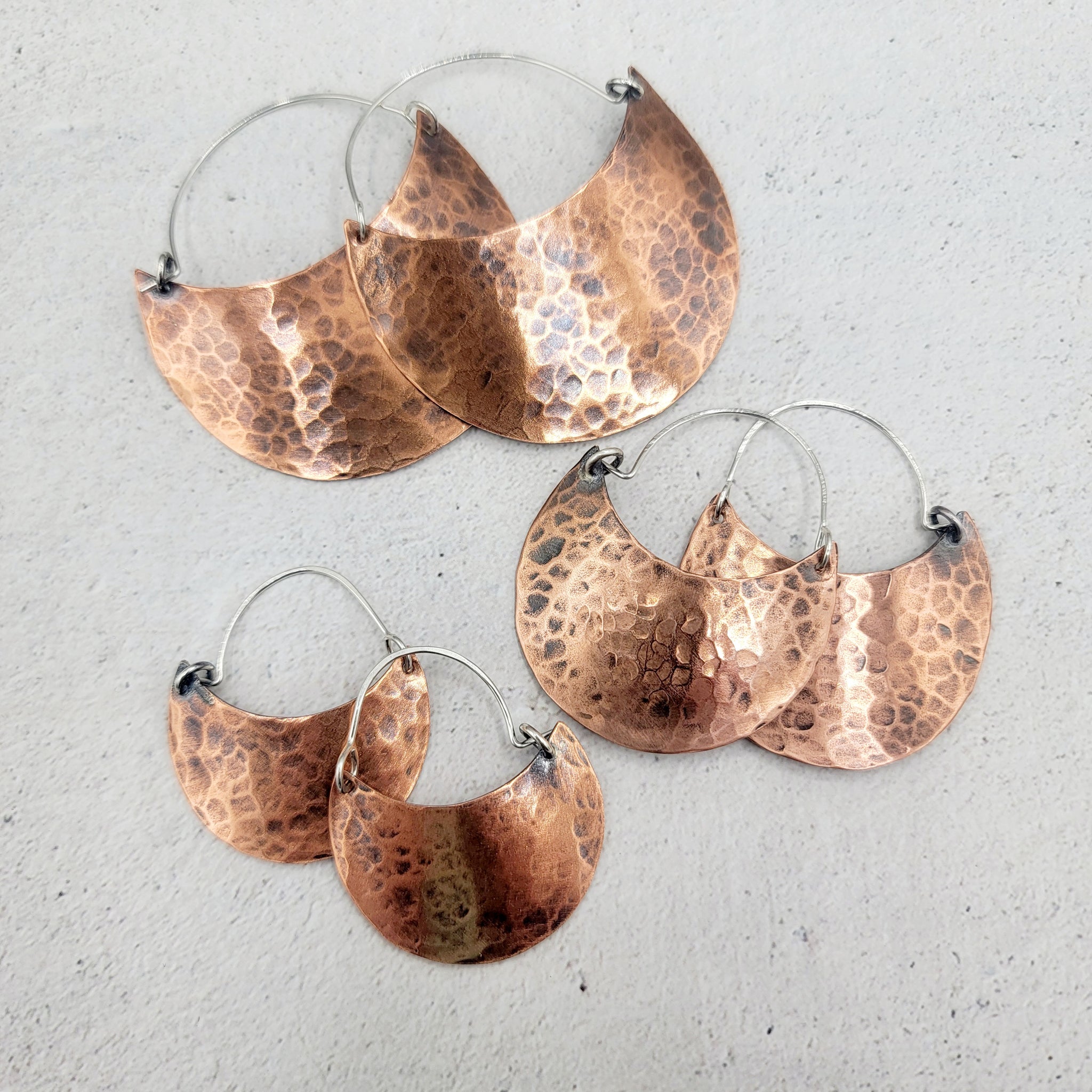 Hammered Copper Crescent Earrings in 4 Sizes