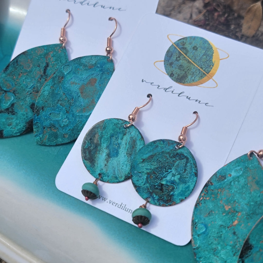 Turquoise Blue Patina Copper Earrings with Wooden Beads