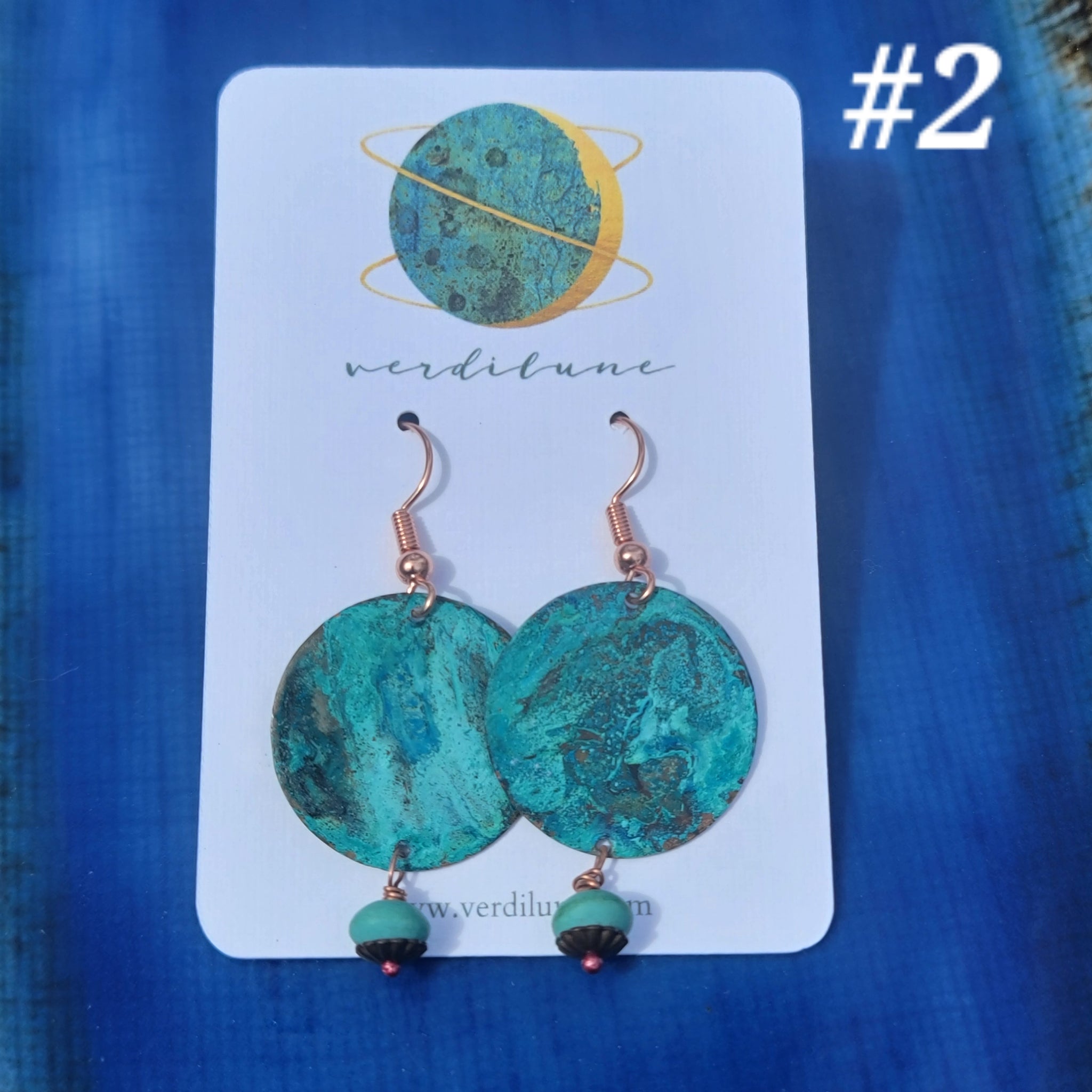 Turquoise Blue Patina Copper Earrings with Wooden Beads