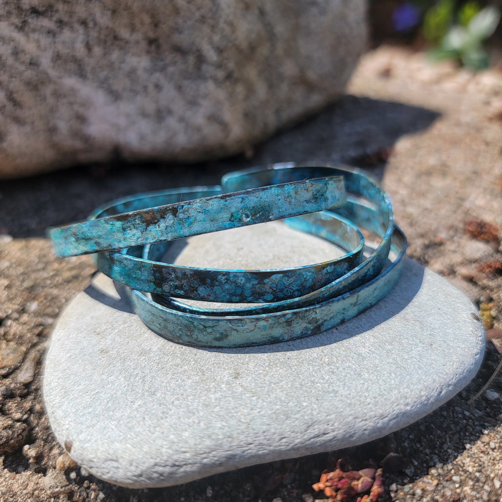 Distressed Ocean Blue Patina Narrow Brass Cuff Bracelets