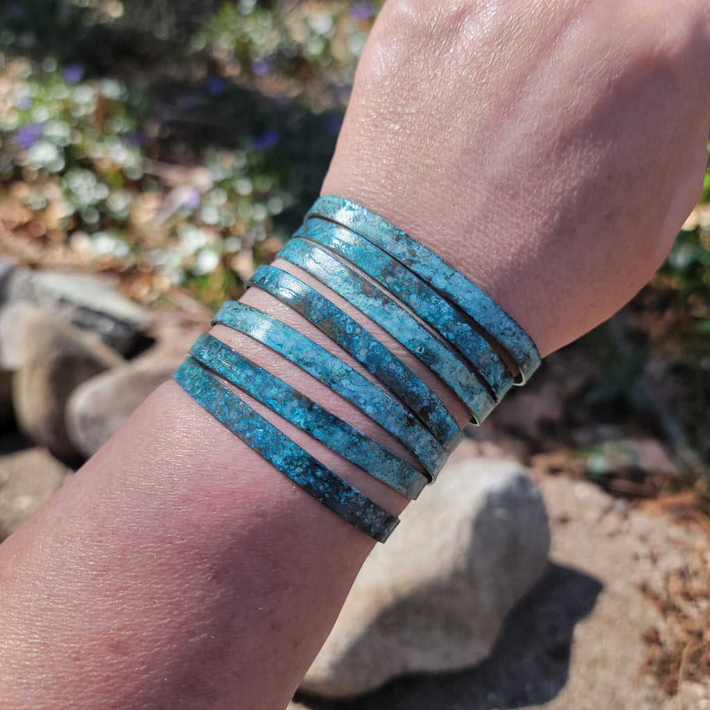 Distressed Ocean Blue Patina Narrow Brass Cuff Bracelets