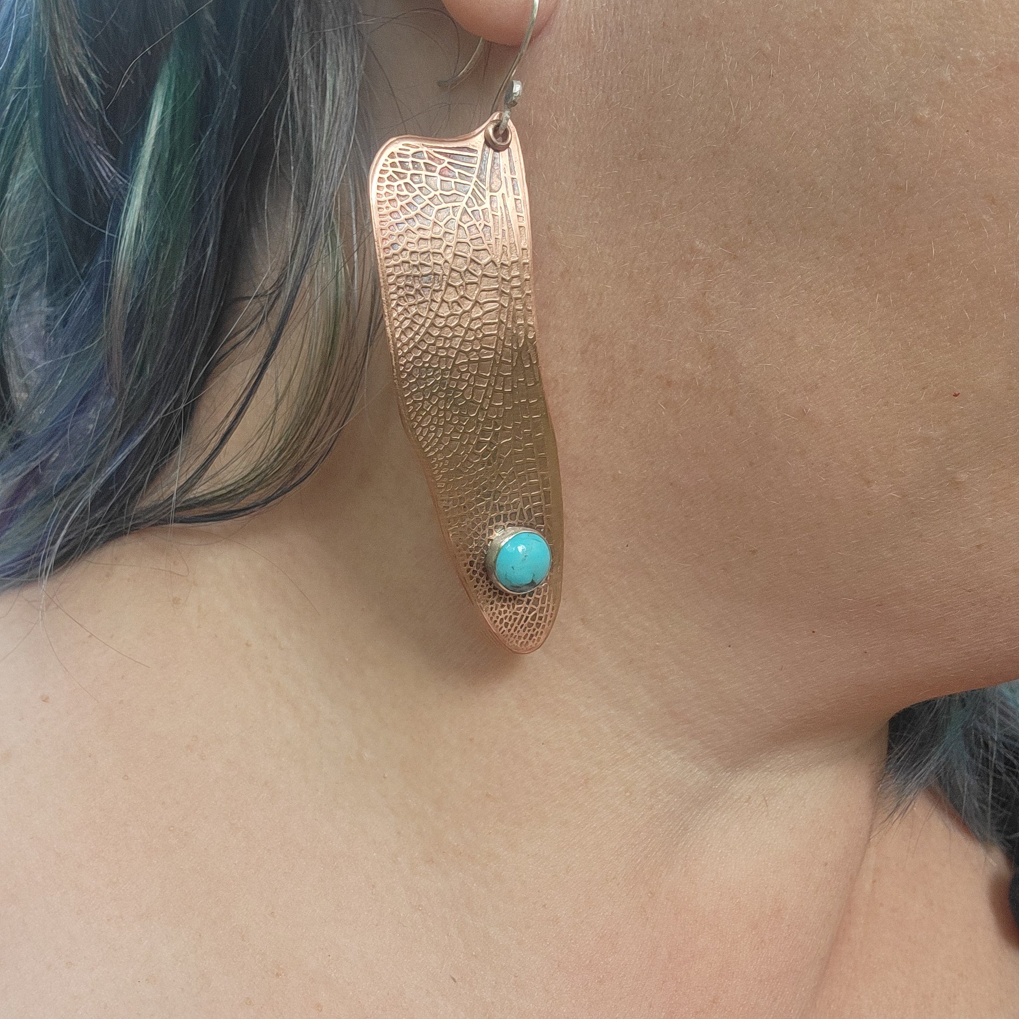 Copper Dragonfly Wing Earrings with Turquoise