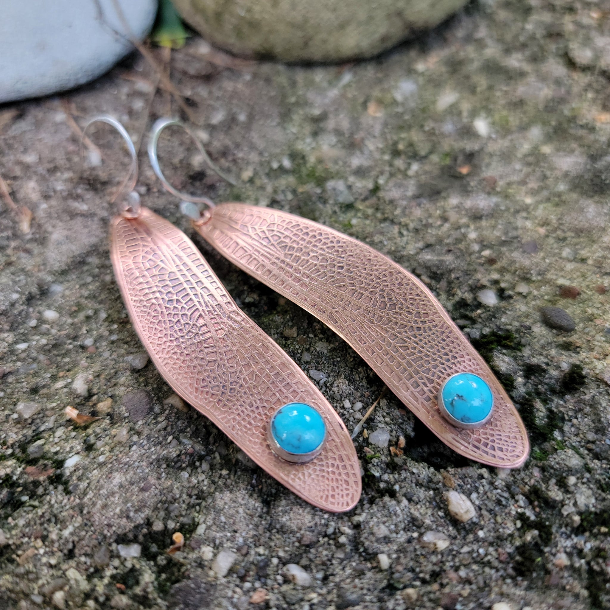 Copper Dragonfly Wing Earrings with Turquoise