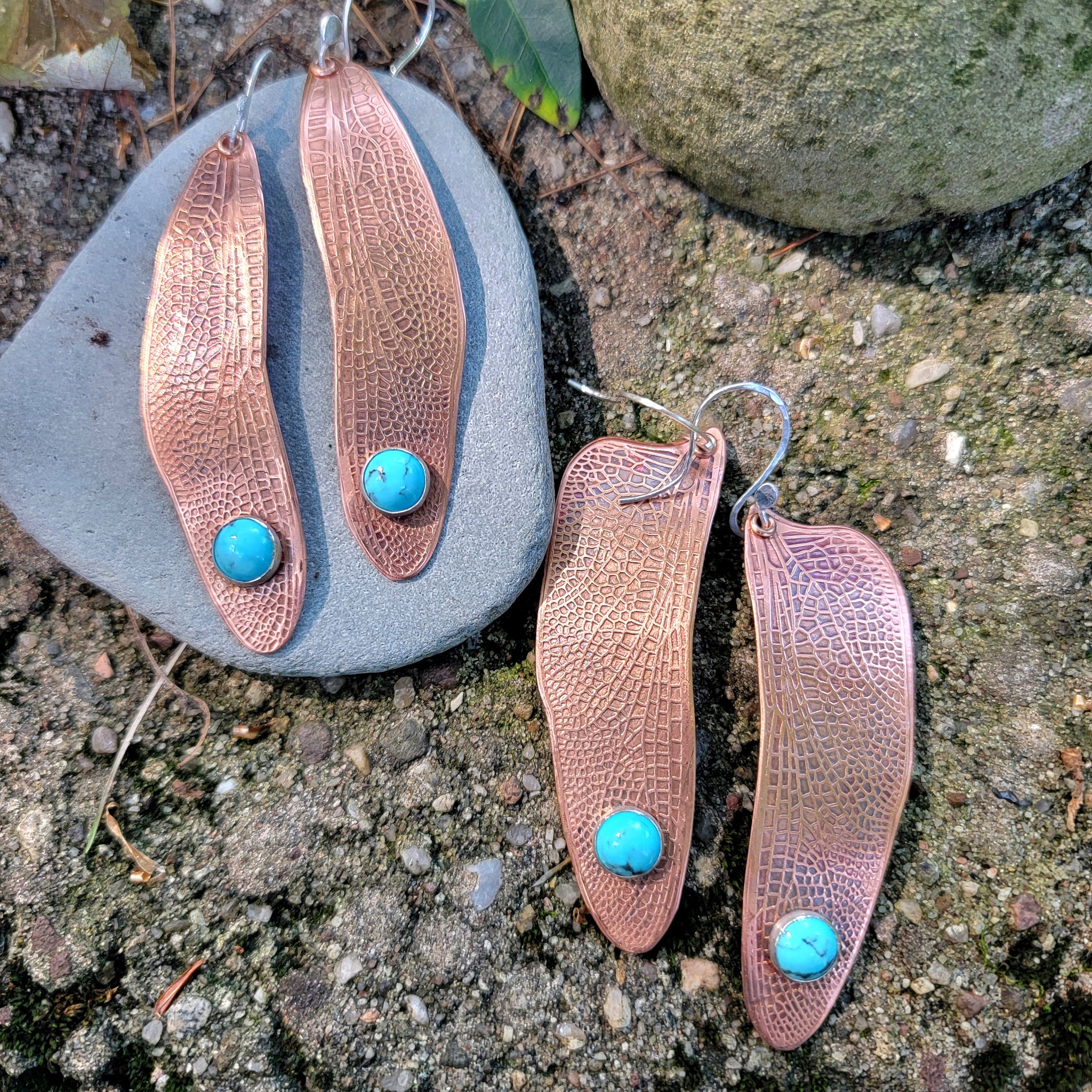 Copper Dragonfly Wing Earrings with Turquoise