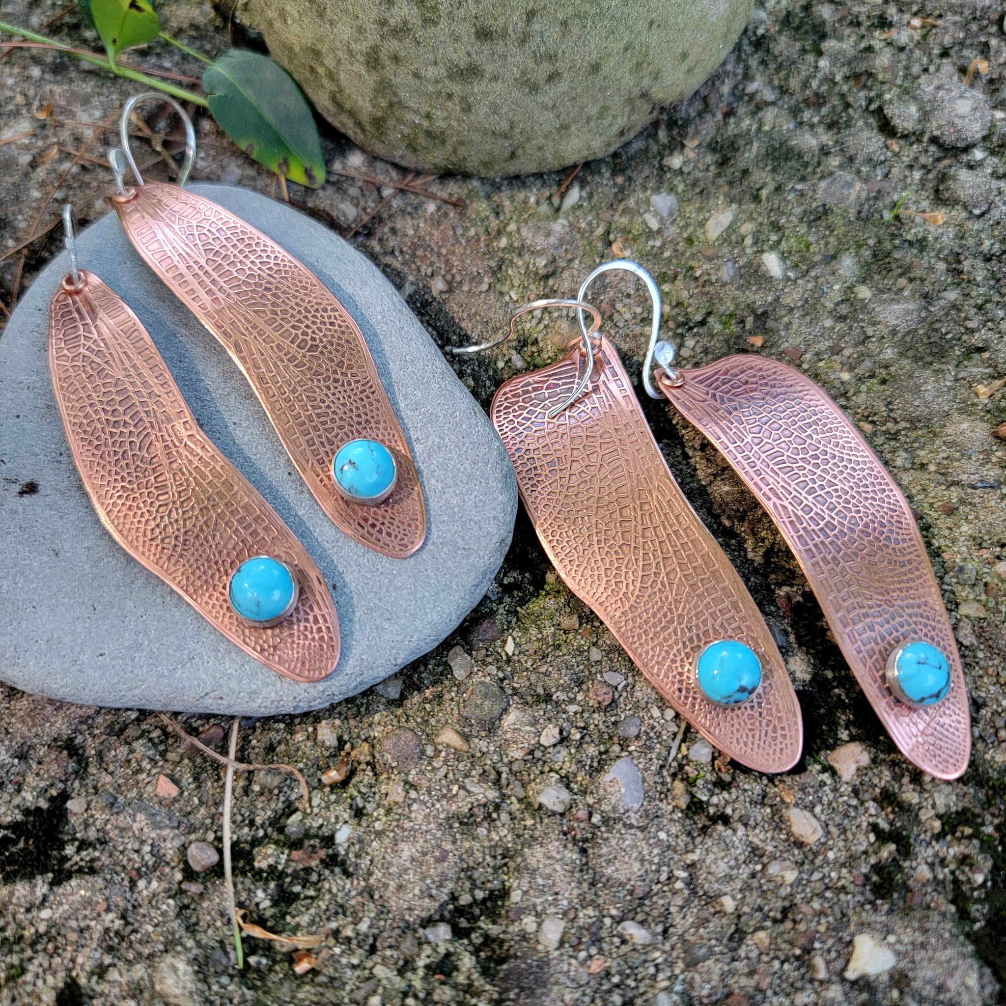 Copper Dragonfly Wing Earrings with Turquoise