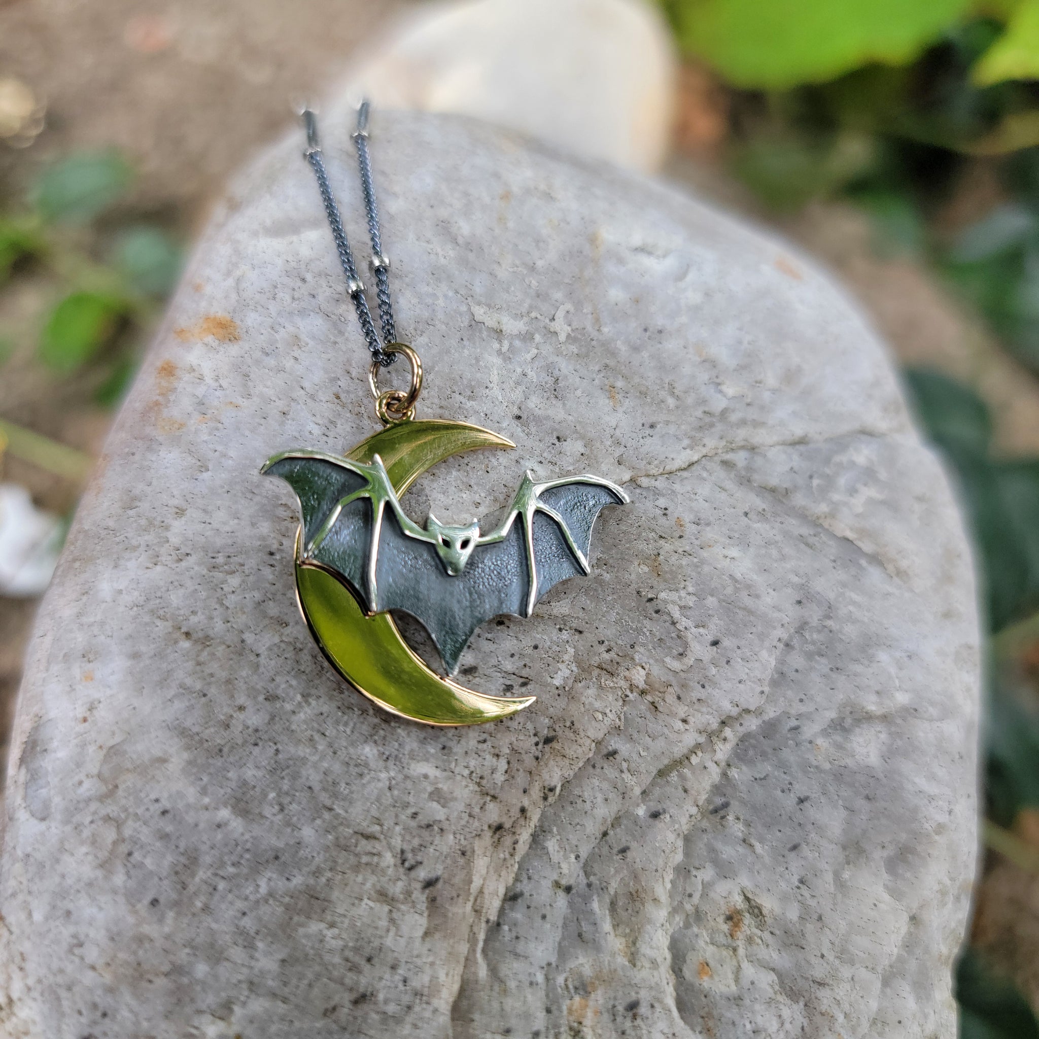 Moon Bat Pendant in Sterling Silver & Bronze