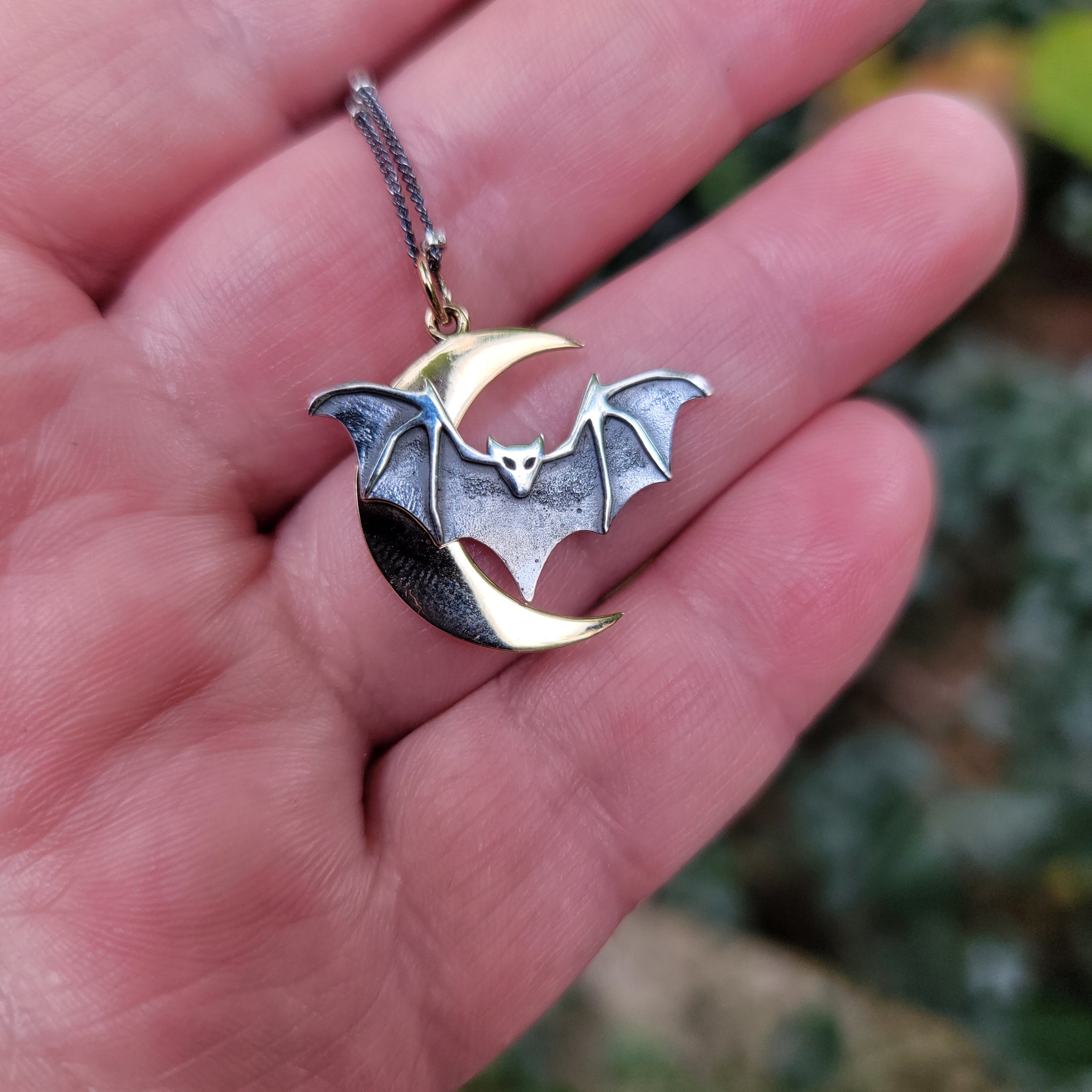 Moon Bat Pendant in Sterling Silver & Bronze