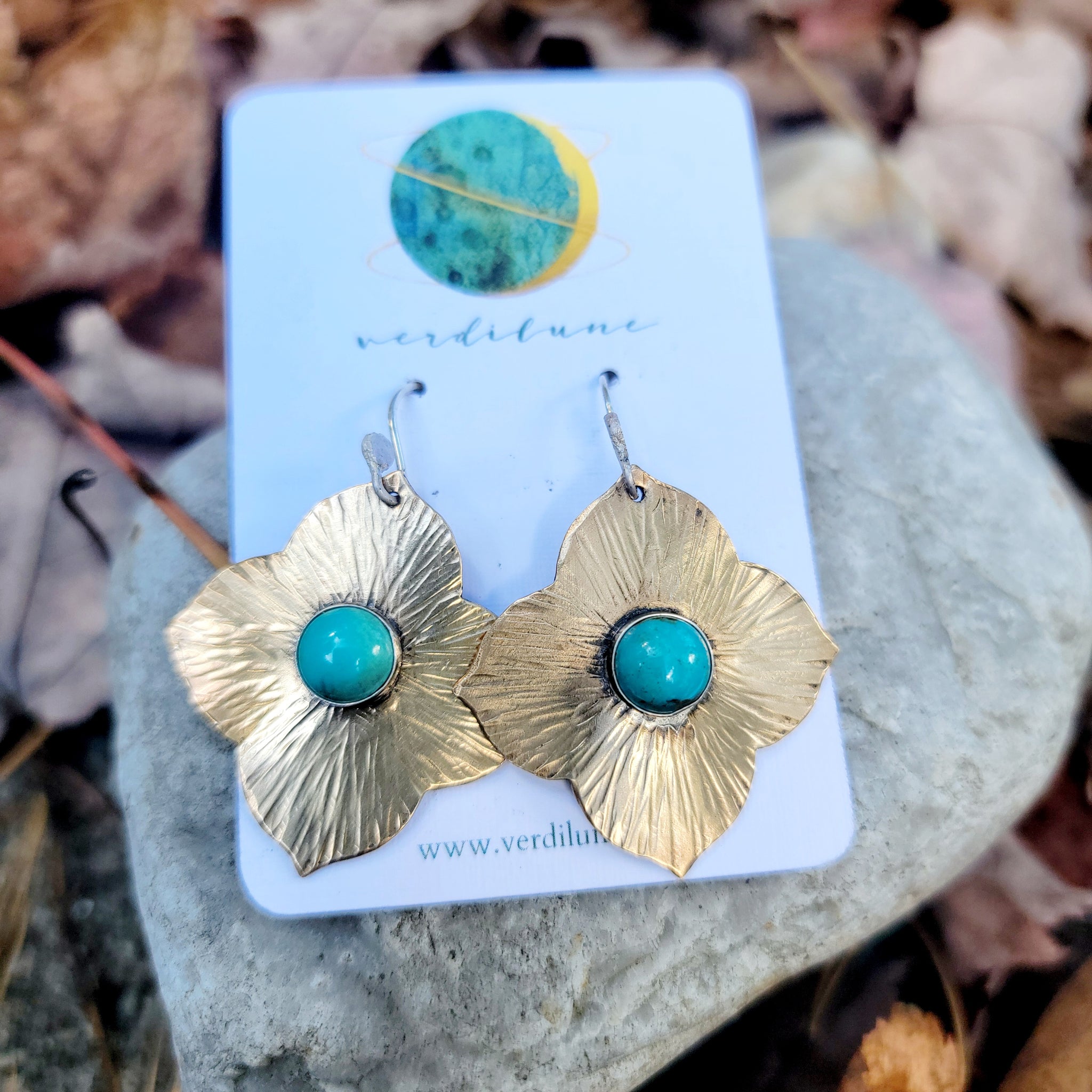 Hammered Brass or Copper & Gemstone Quatrefoil Earrings