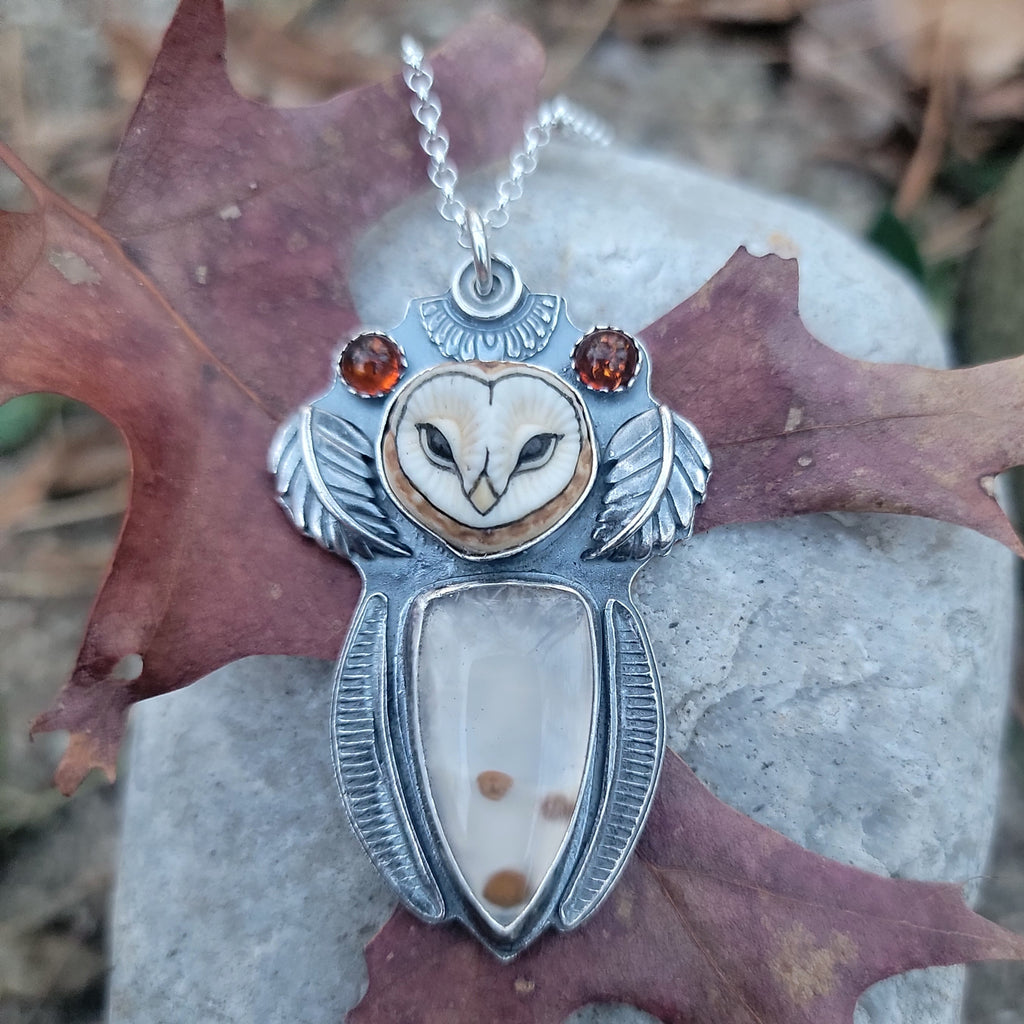 Owl Queen Pendant with Chalcedony & Amber in Sterling Silver