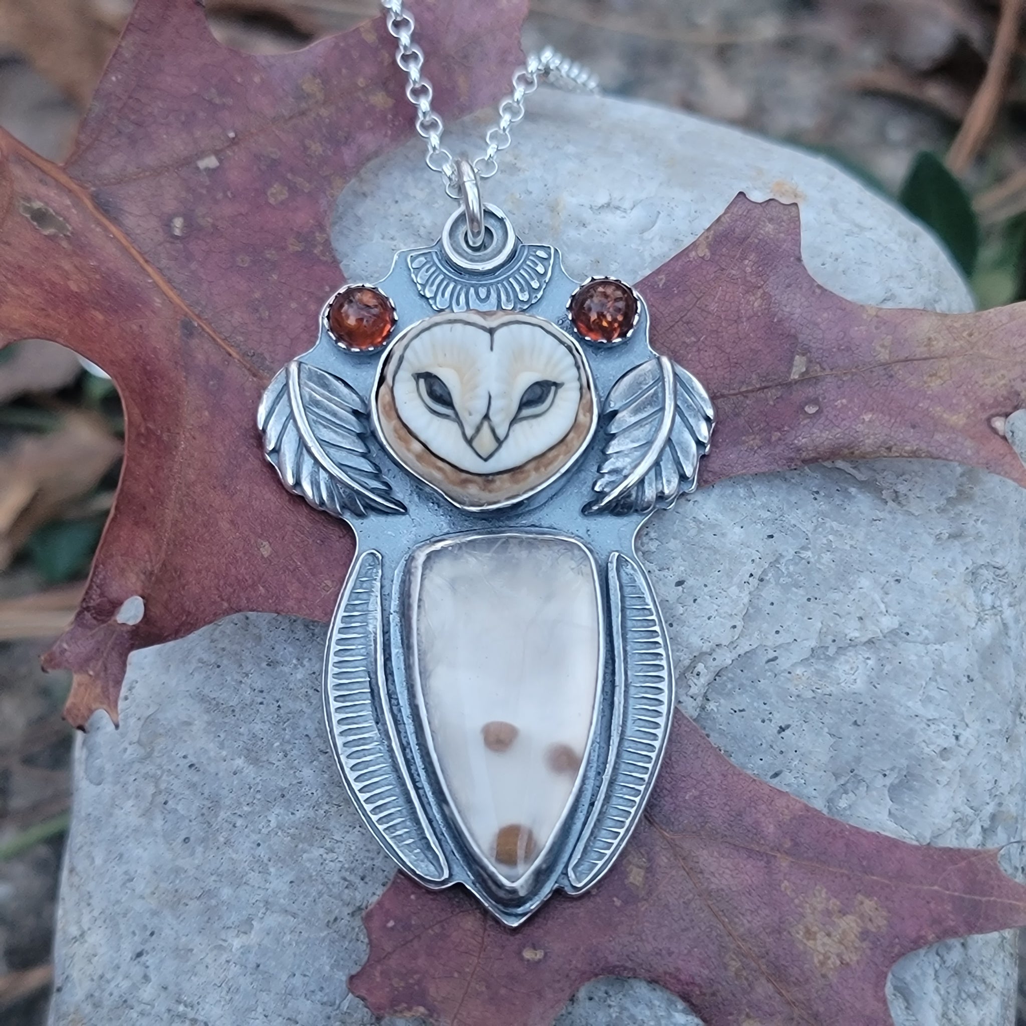 Owl Queen Pendant with Chalcedony & Amber in Sterling Silver