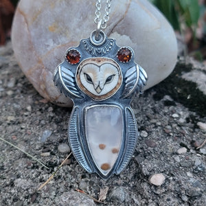 Owl Queen Pendant with Chalcedony & Amber in Sterling Silver