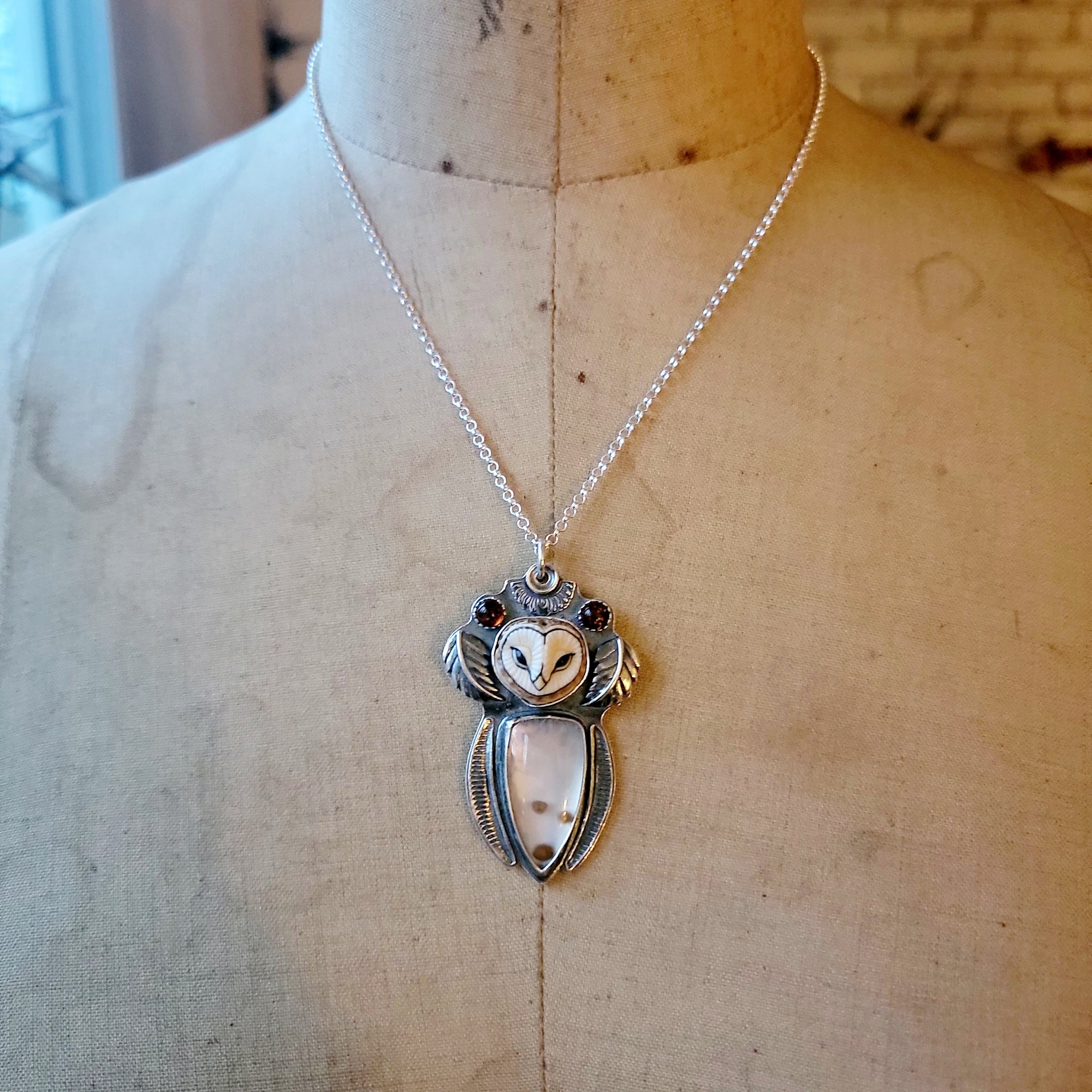 Owl Queen Pendant with Chalcedony & Amber in Sterling Silver