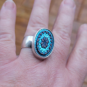 Iridescent Czech Glass Ring in Sterling Silver - Adjustable