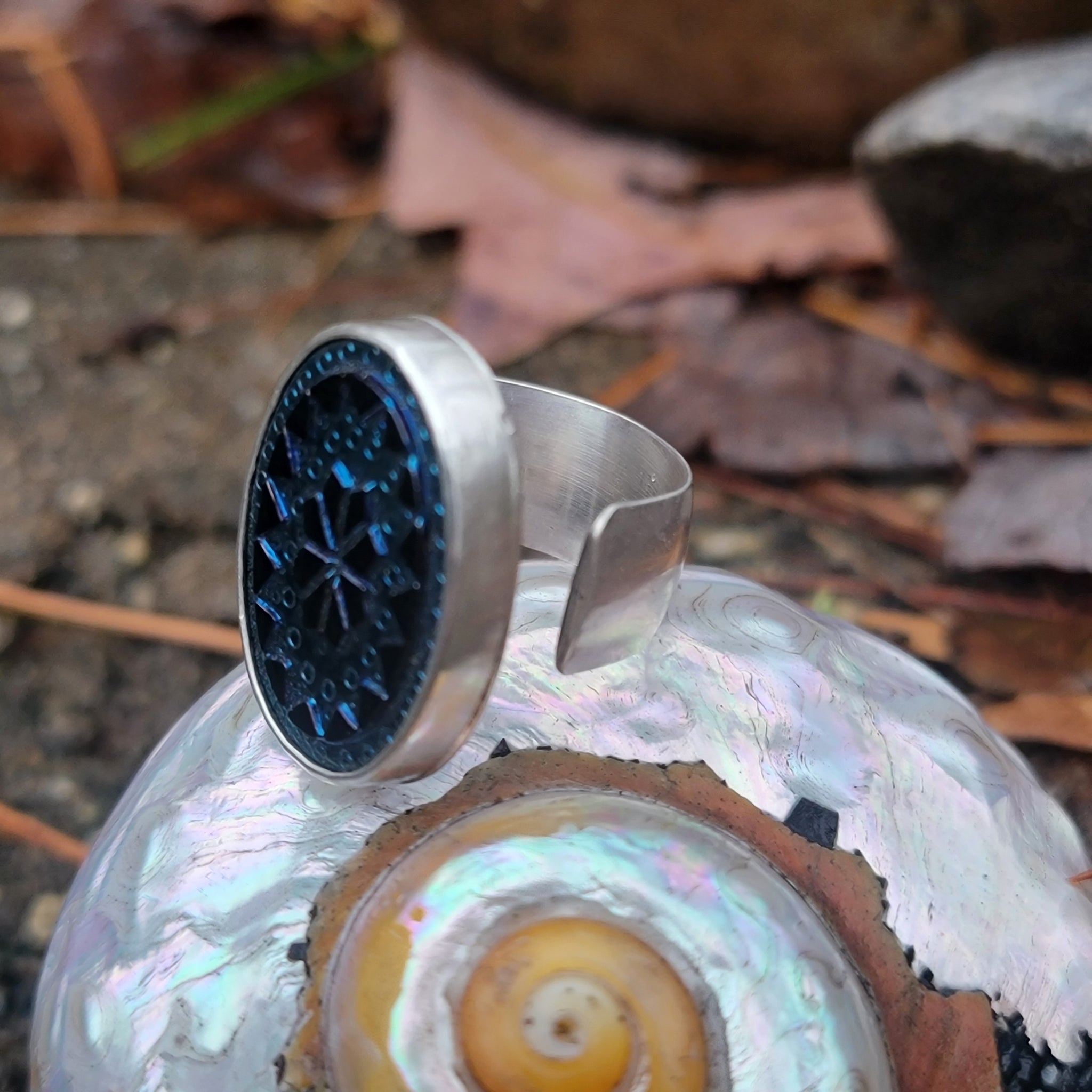 Iridescent Czech Glass Ring in Sterling Silver - Adjustable