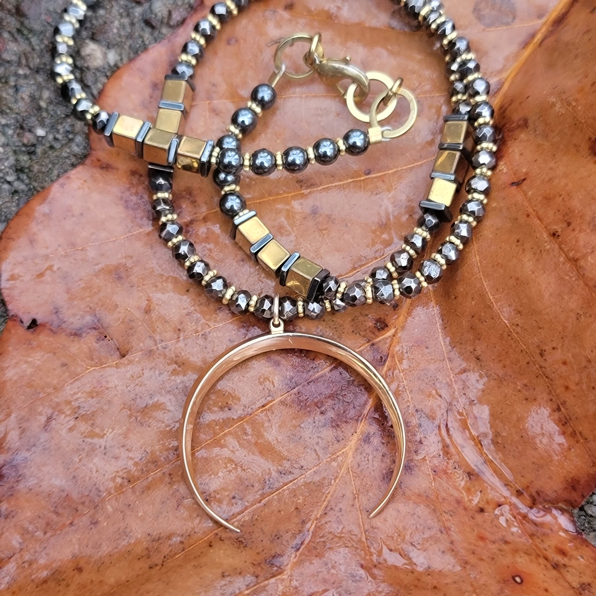 Golden Crescent Beaded Necklace with Hematite