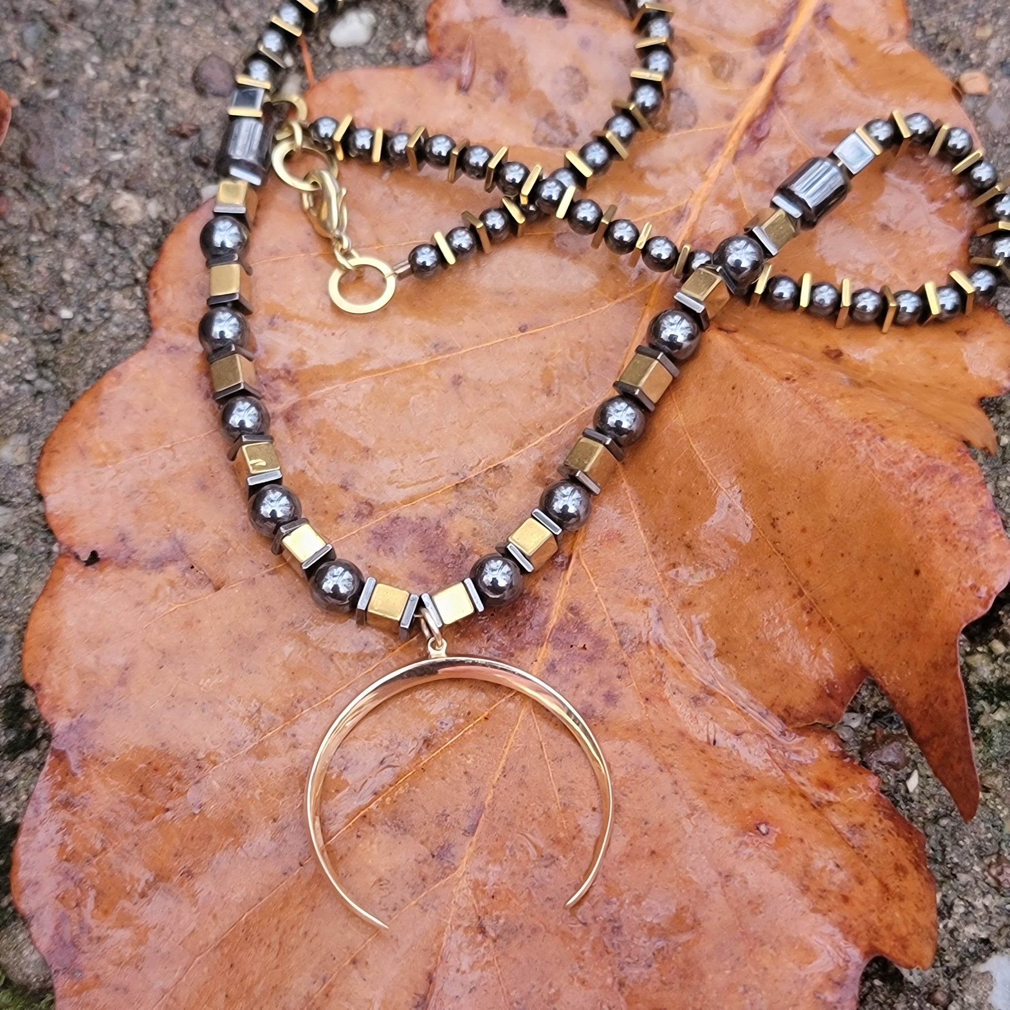 Golden Crescent Beaded Necklace with Hematite