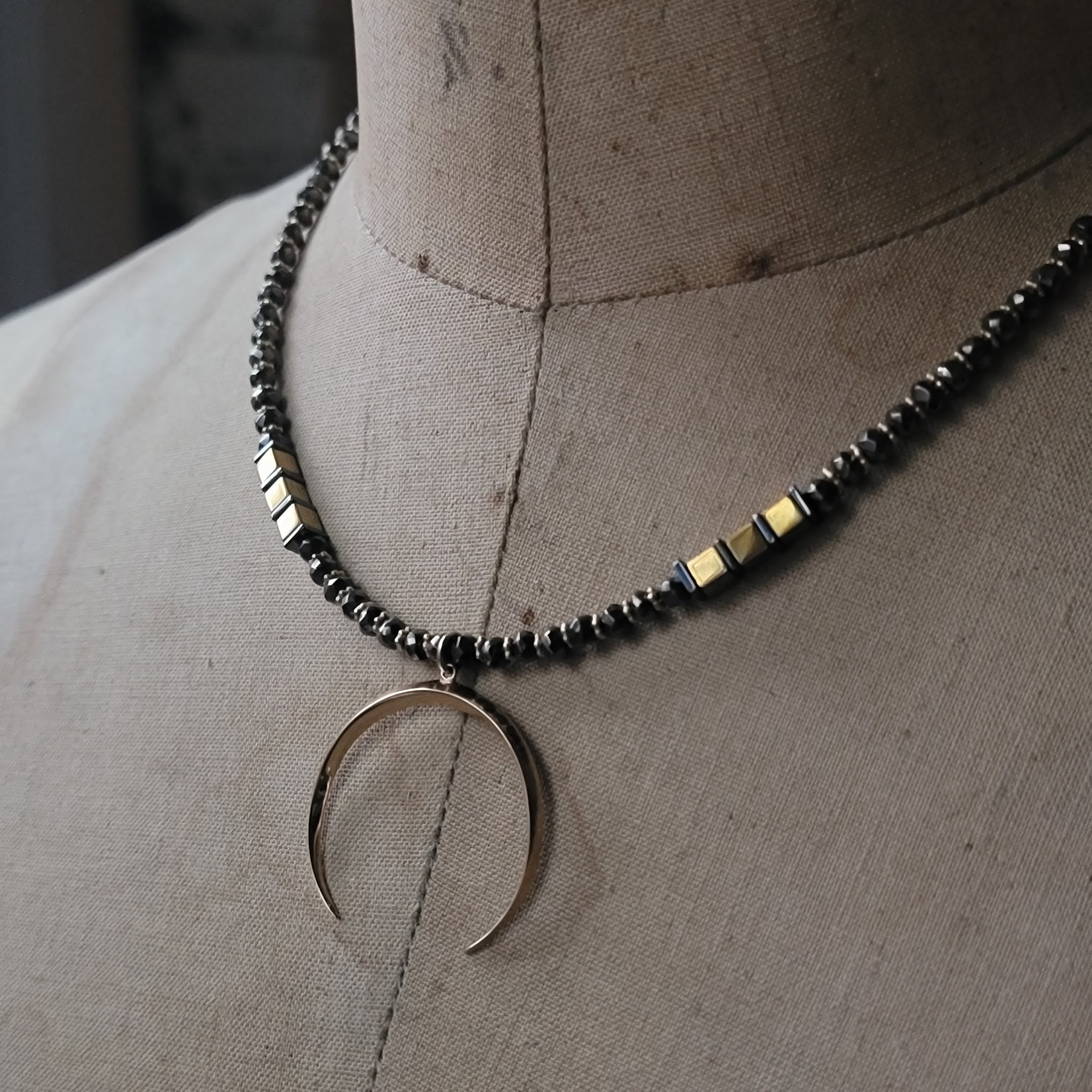 Golden Crescent Beaded Necklace with Hematite