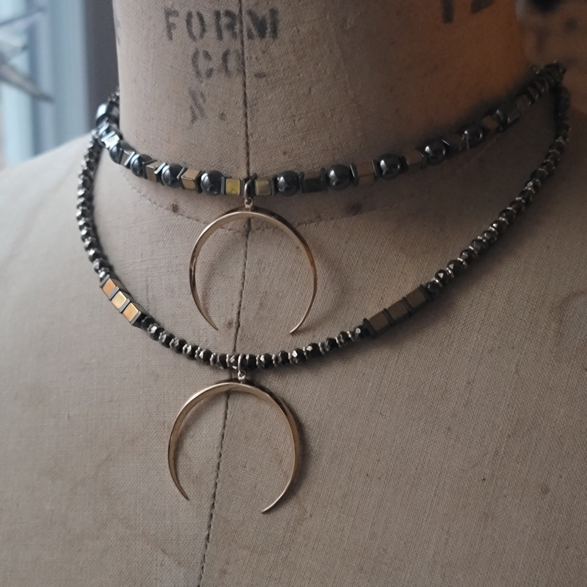 Golden Crescent Beaded Necklace with Hematite