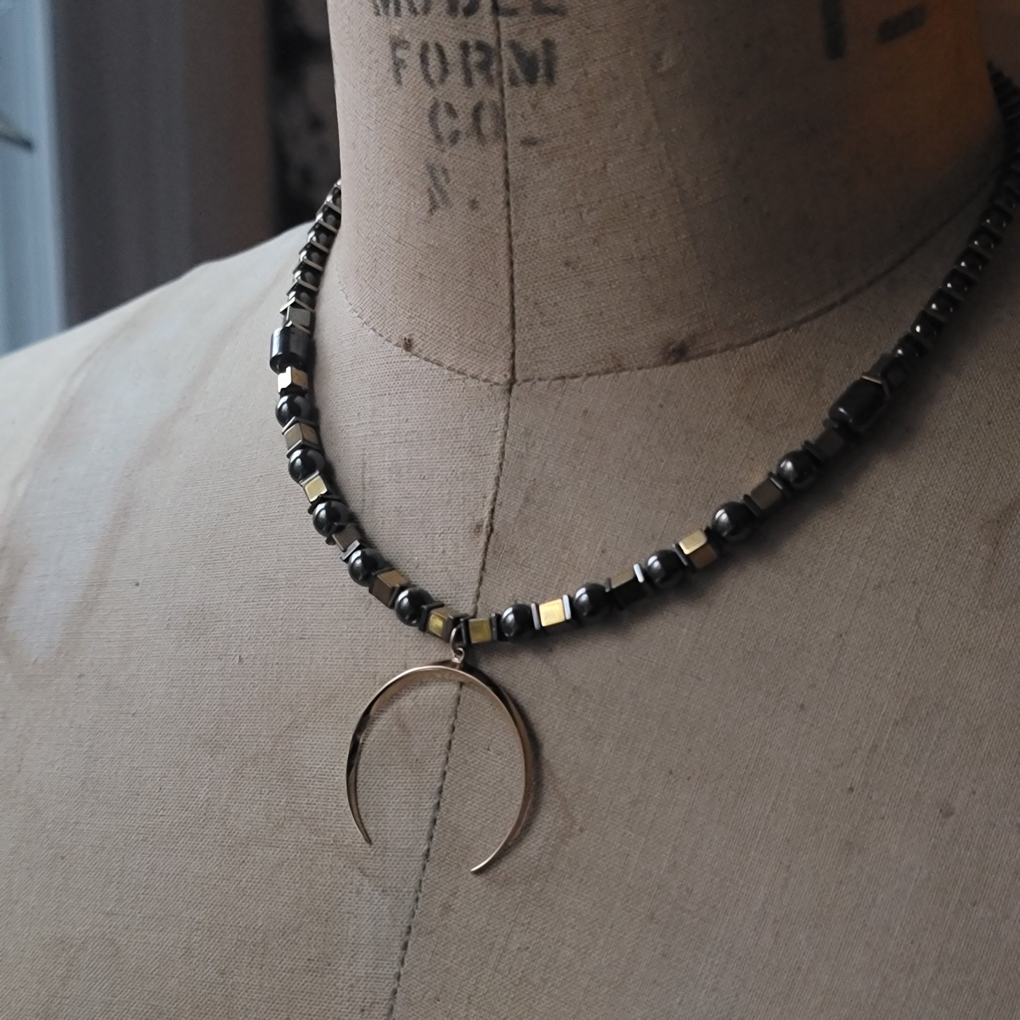 Golden Crescent Beaded Necklace with Hematite