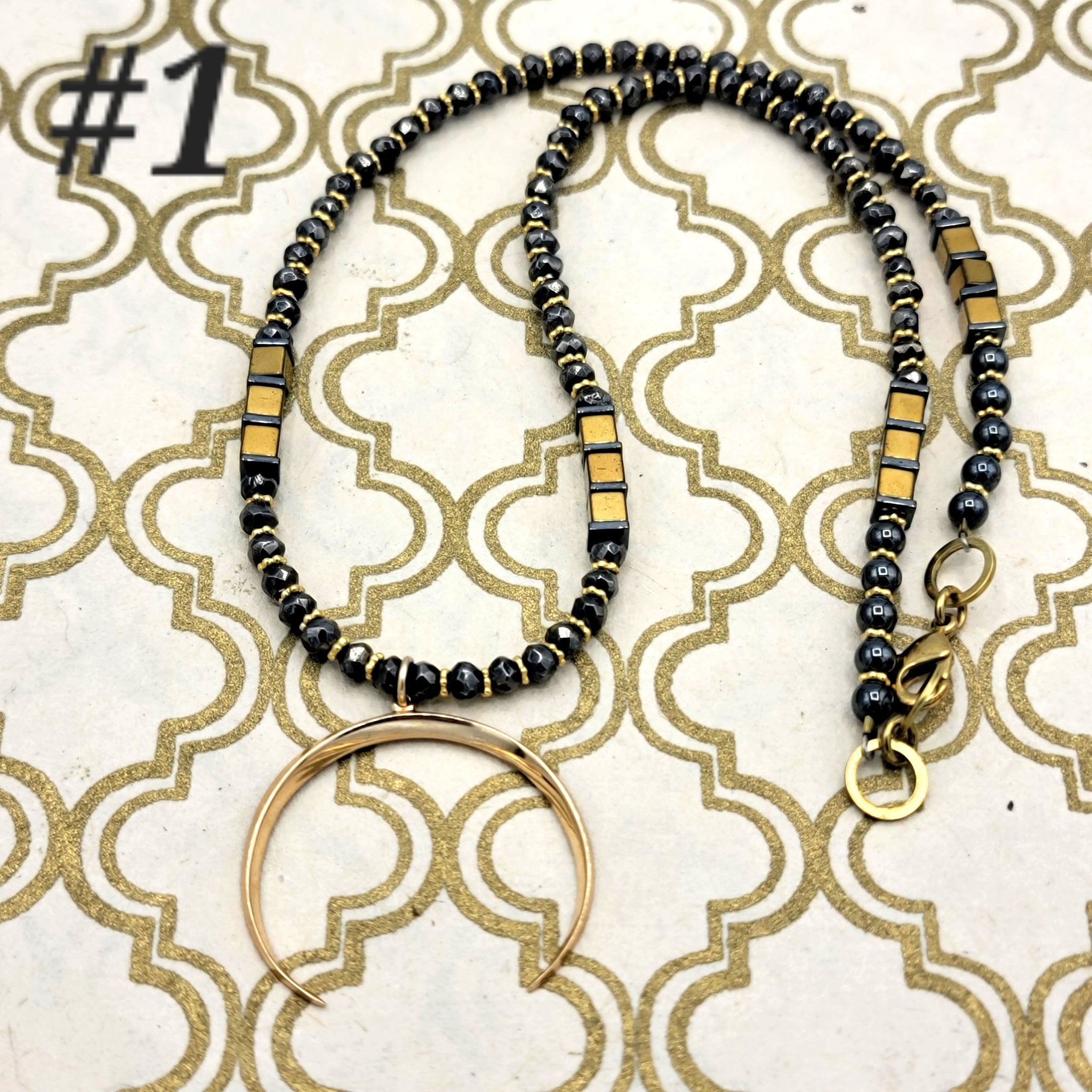 Golden Crescent Beaded Necklace with Hematite