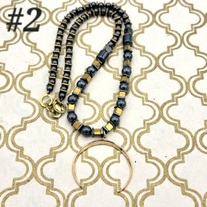 Golden Crescent Beaded Necklace with Hematite