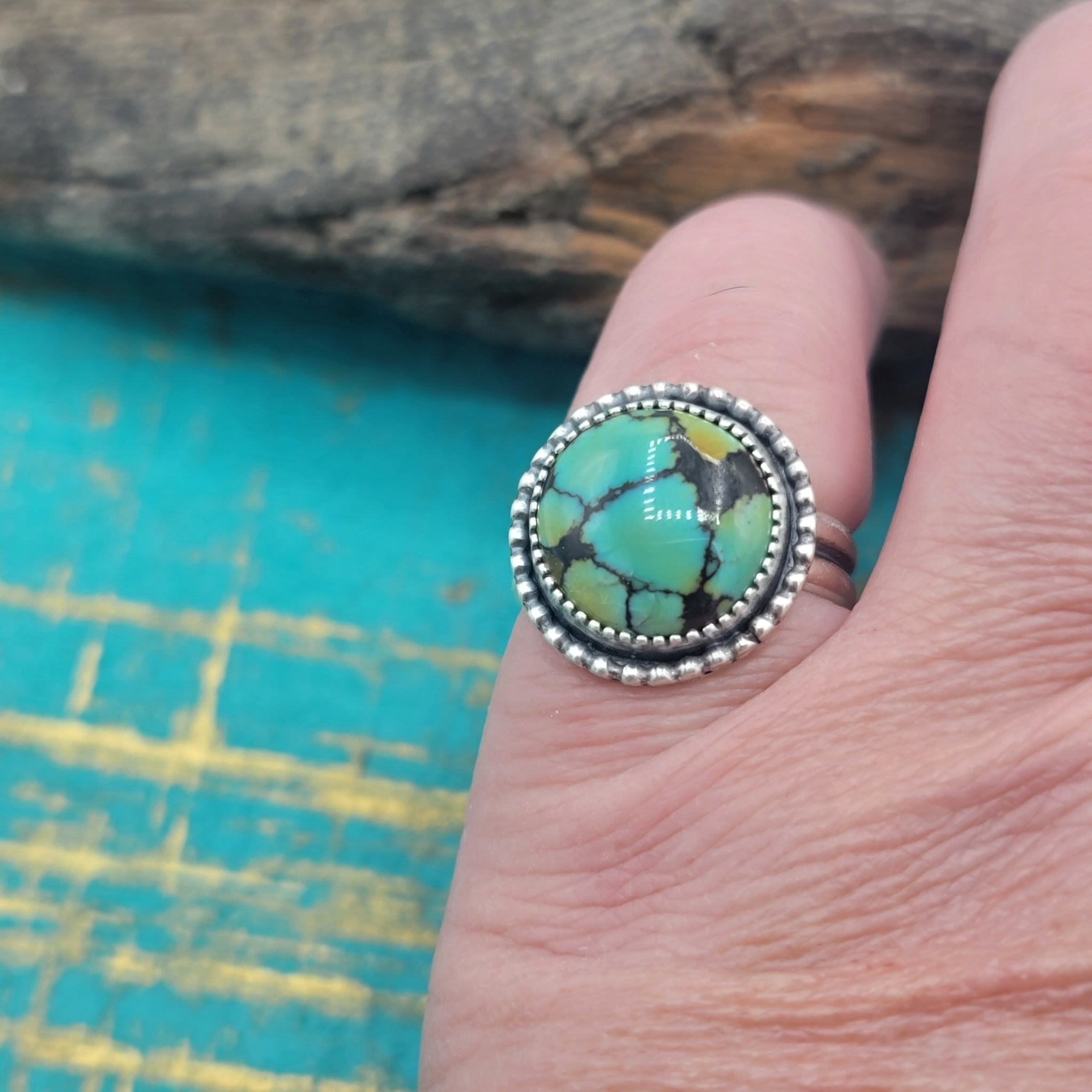 Round Hubei Turquoise Ring in Sterling Silver Size 8.5