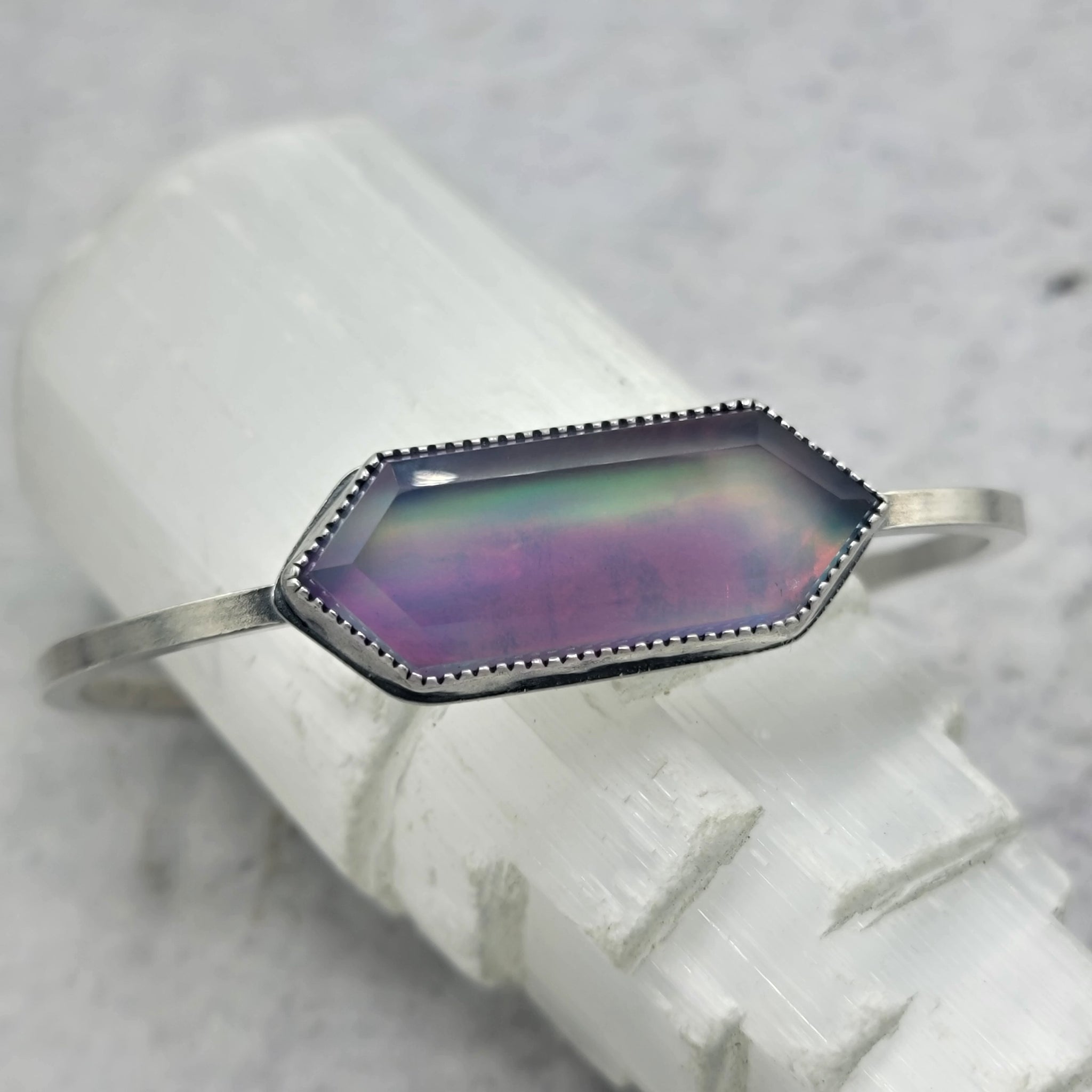 Magical Aura Opal Hexagon Doublet Cuff Bracelets in Sterling Silver