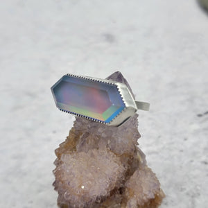 Magical Aura Opal Hexagon Doublet Ring in Sterling Silver Size 10.5