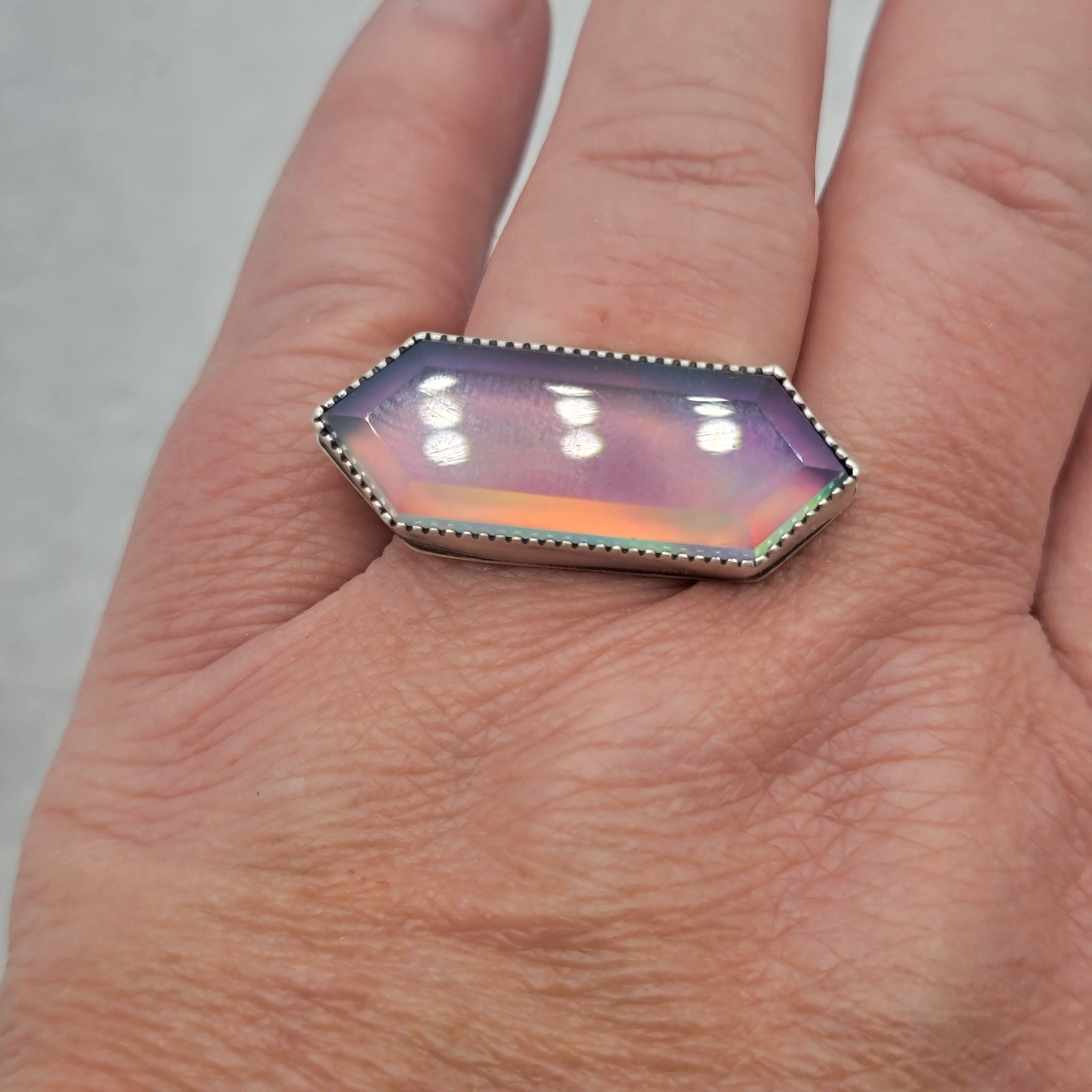 Magical Aura Opal Hexagon Doublet Ring in Sterling Silver Size 10.5