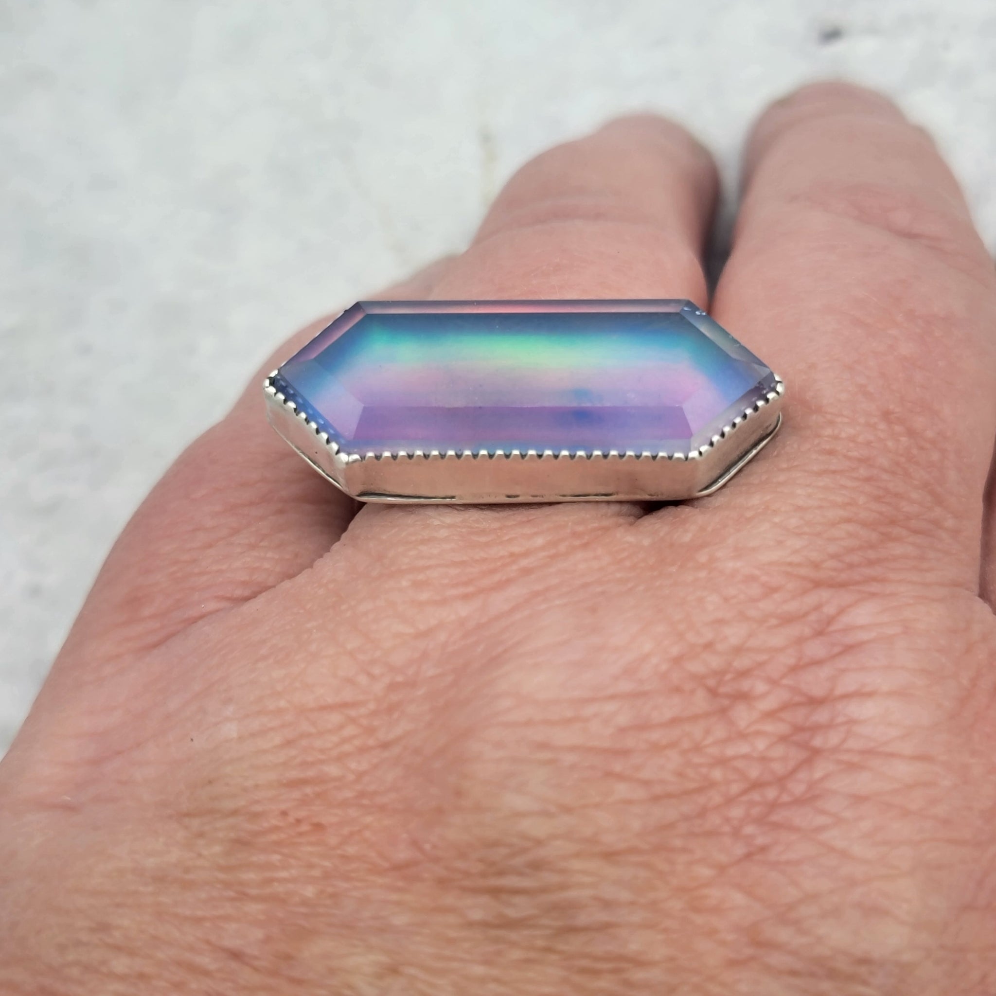 Magical Aura Opal Hexagon Doublet Ring in Sterling Silver Size 10.5