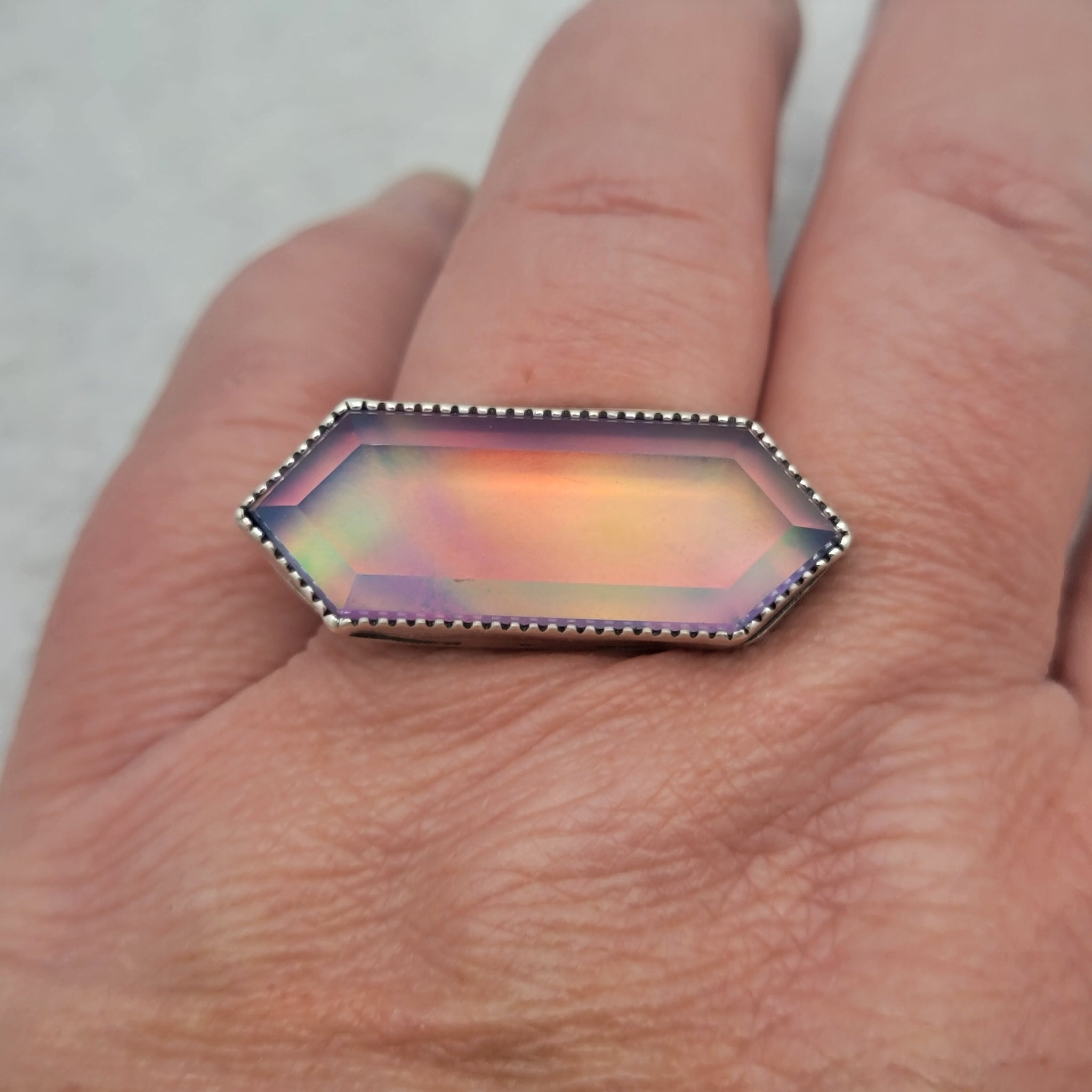 Magical Aura Opal Hexagon Doublet Ring in Sterling Silver Size 10.5