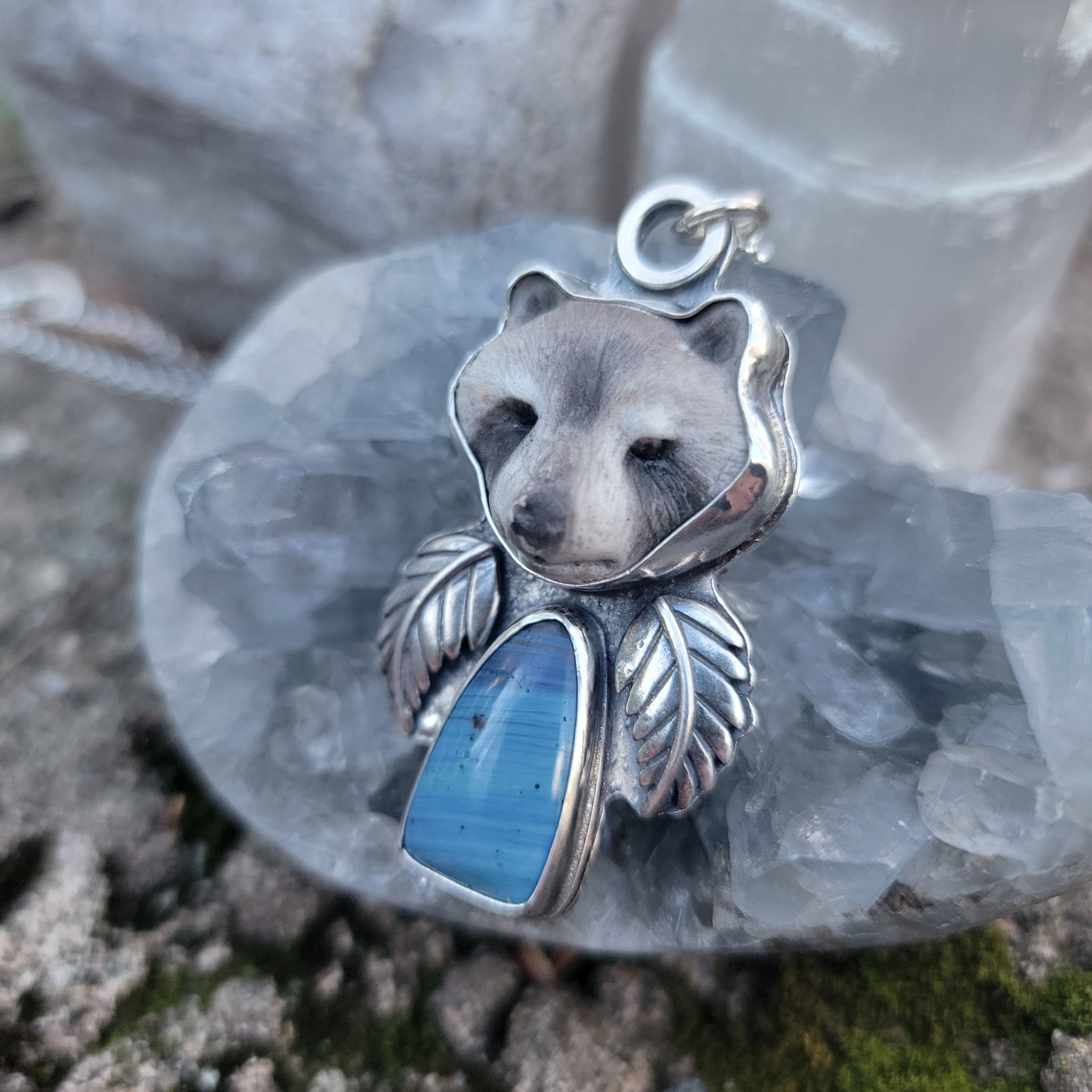 Raccoon Winter Totem Pendant in Sterling Silver