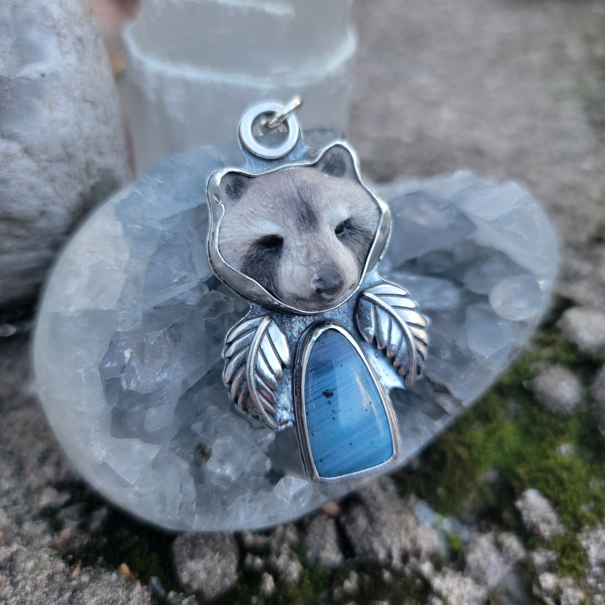 Raccoon Winter Totem Pendant in Sterling Silver