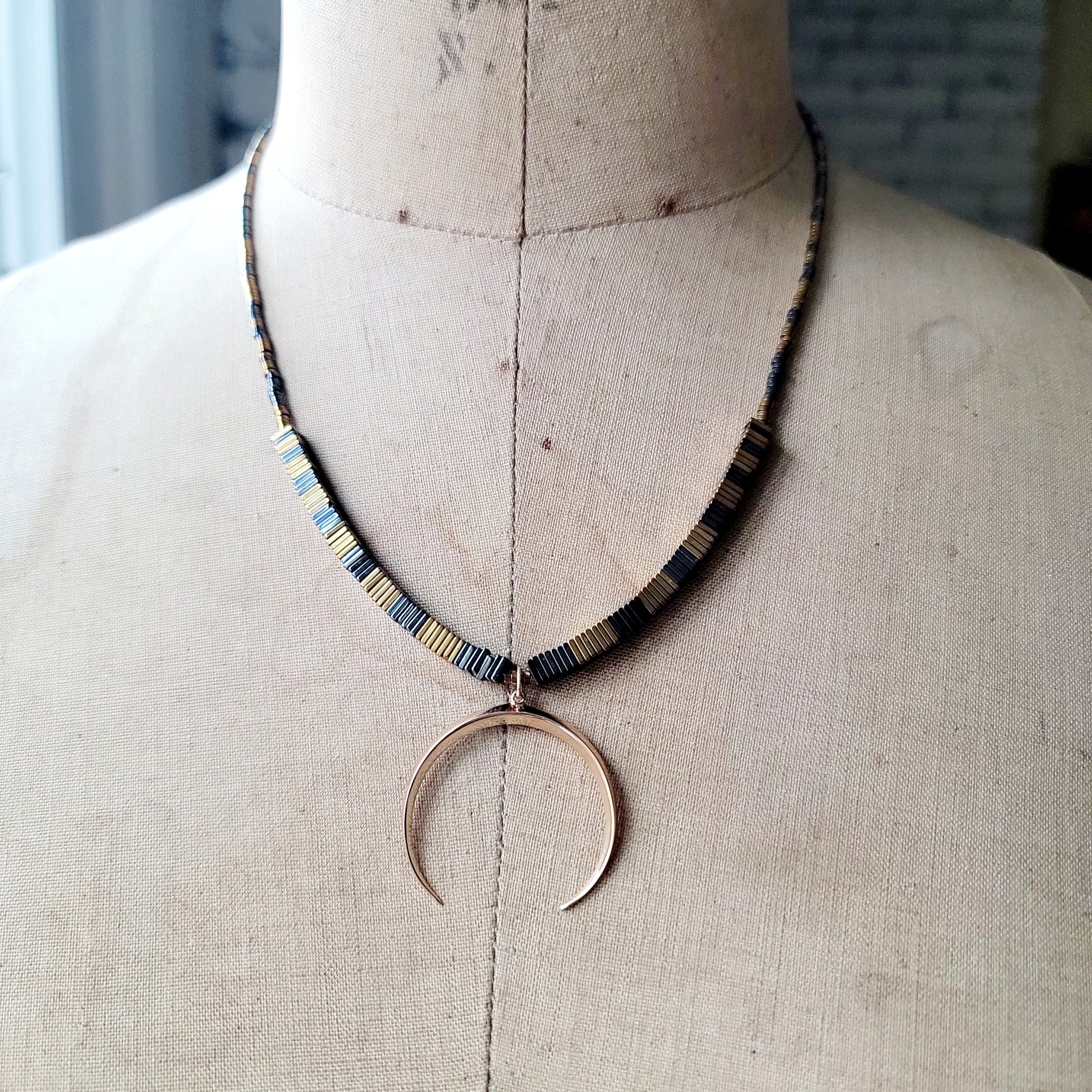 Golden Crescent Beaded Necklace with Hematite