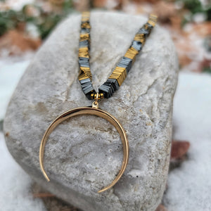 Golden Crescent Beaded Necklace with Hematite