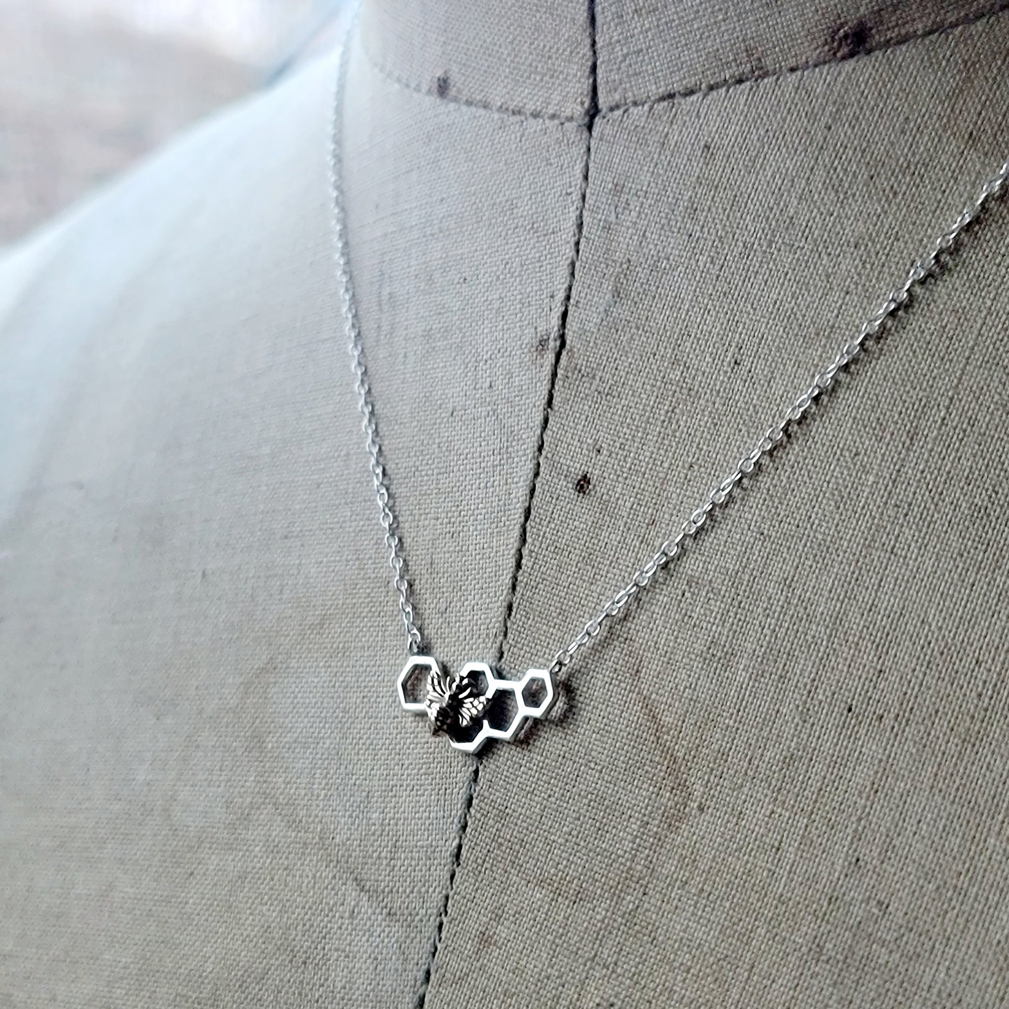 Tiny Sterling Silver Honeycomb Necklace with Bronze Honeybee