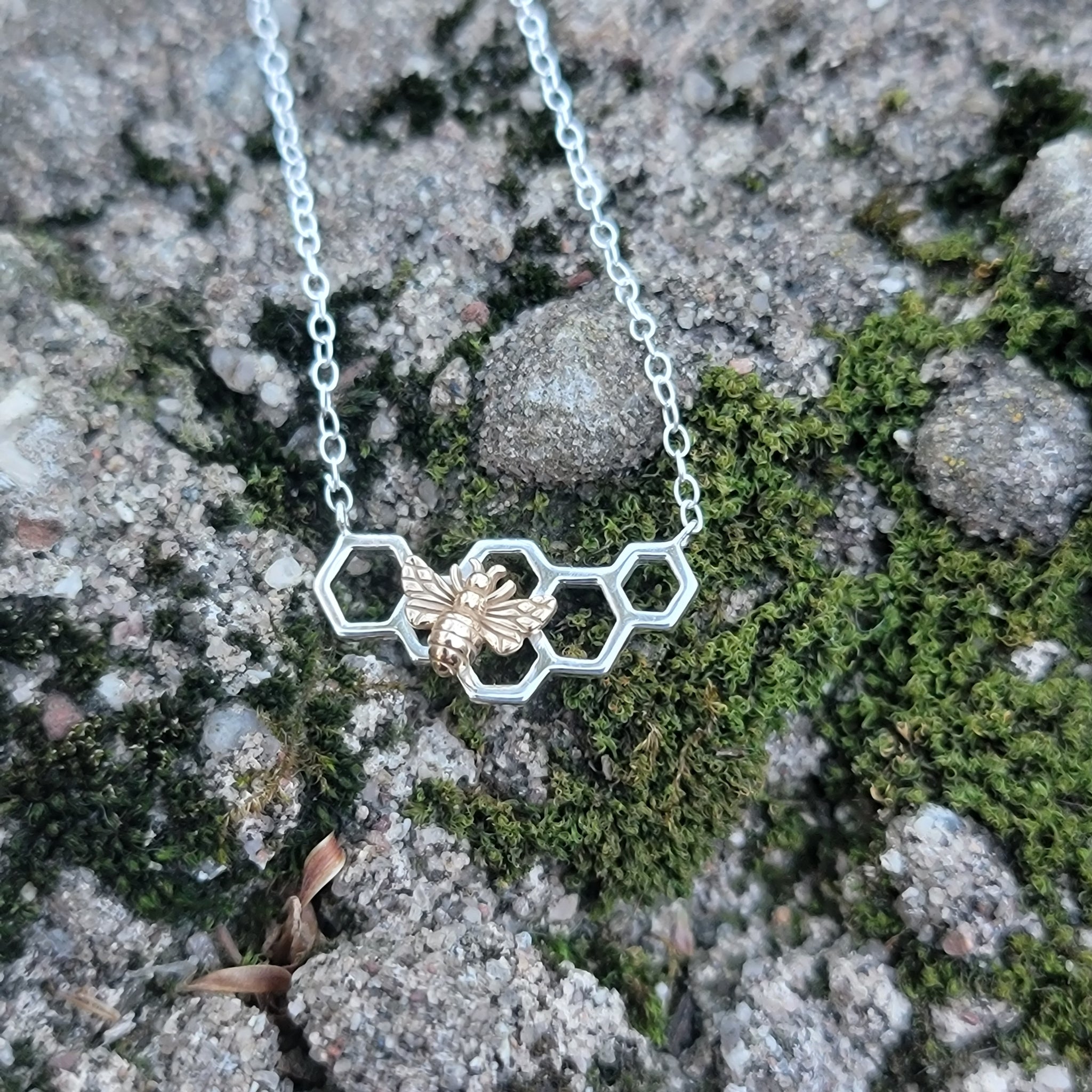 Tiny Sterling Silver Honeycomb Necklace with Bronze Honeybee