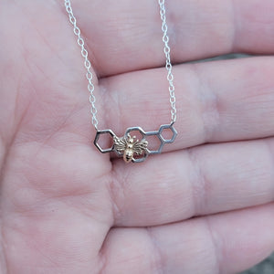 Tiny Sterling Silver Honeycomb Necklace with Bronze Honeybee